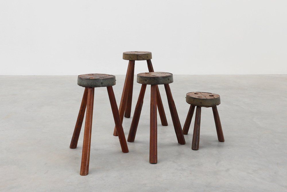 photo for sale Brutalist French Oak Tripod Stool With Metal Rim, 1850s