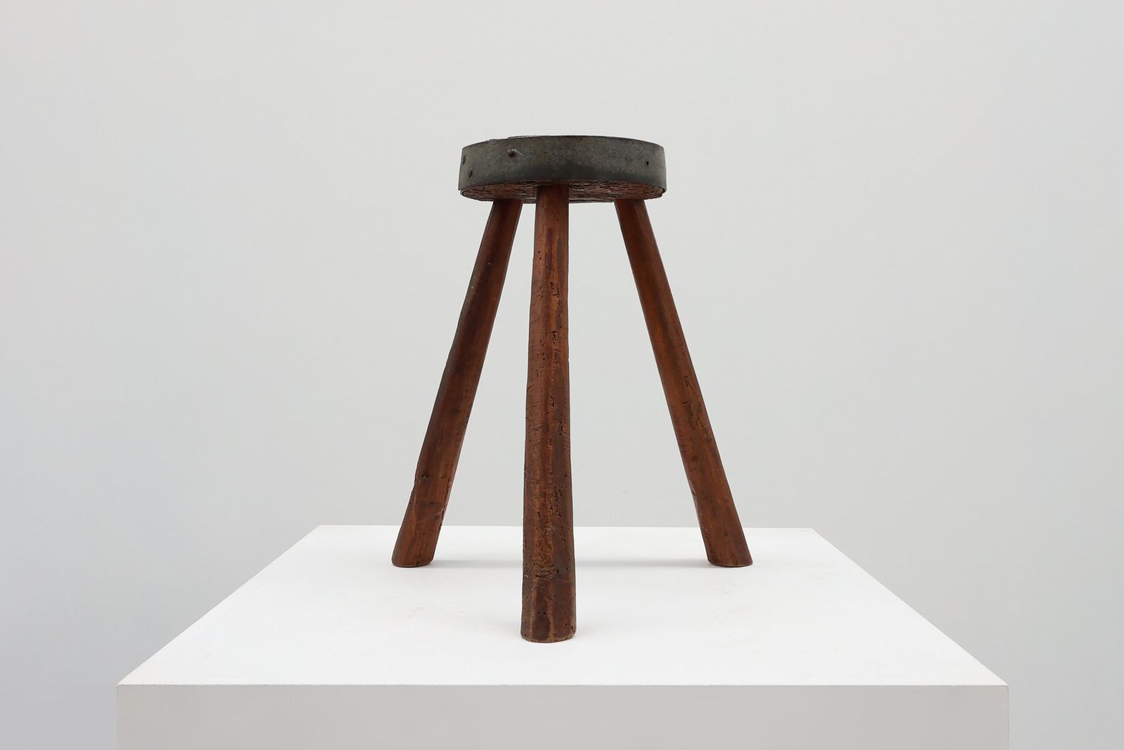 Brutalist French Oak Tripod Stool With Metal Rim, 1850s photo furniture