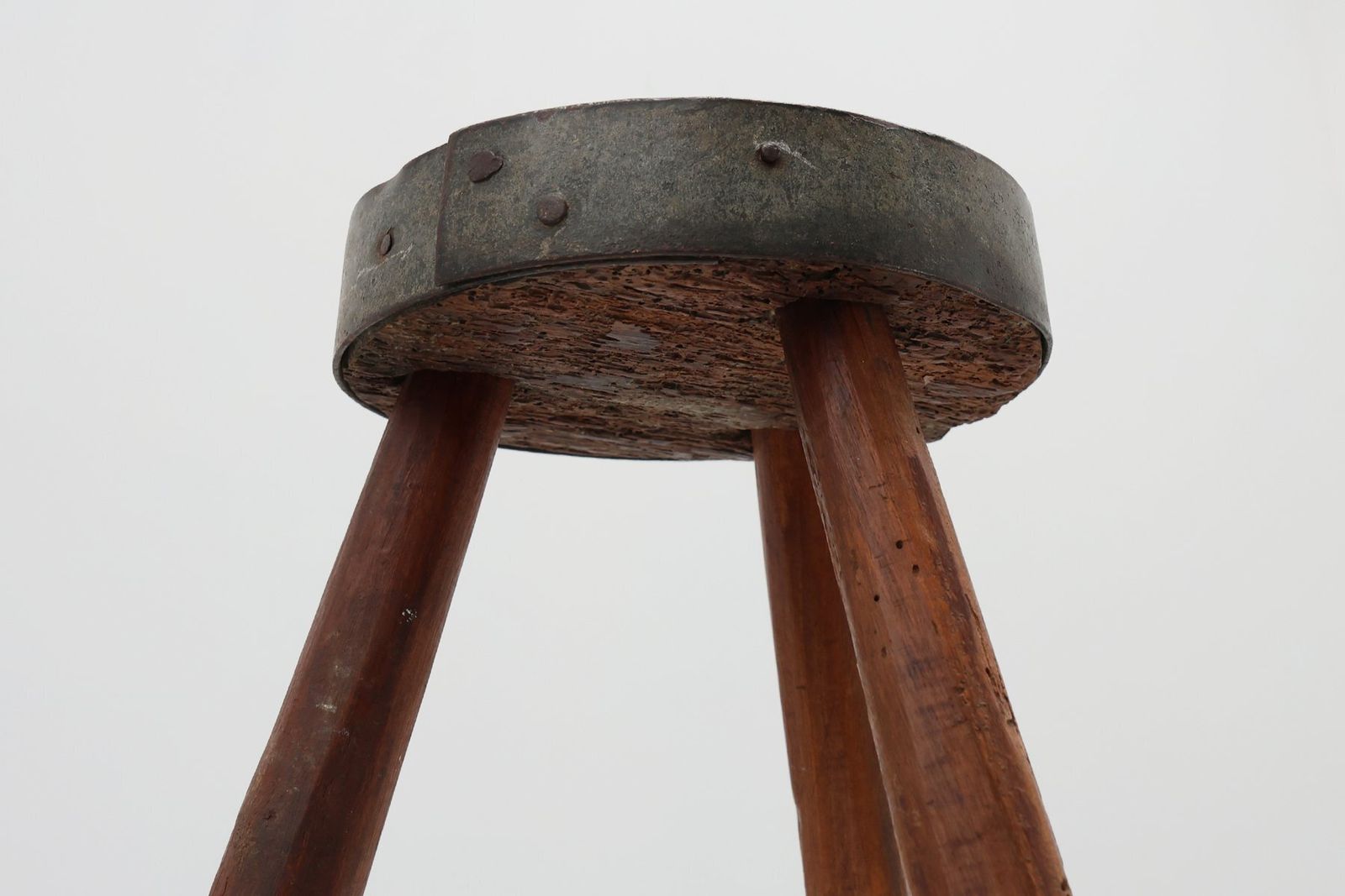 Brutalist French Oak Tripod Stool With Metal Rim, 1850s photo 1042.0