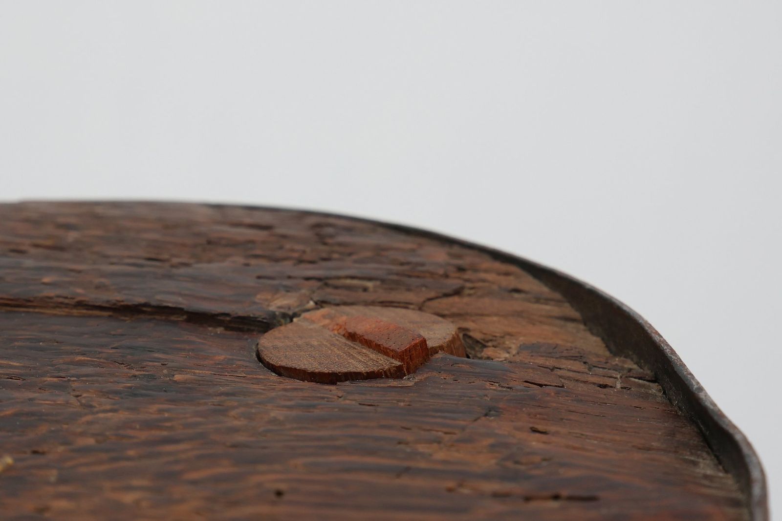 Brutalist French Oak Tripod Stool With Metal Rim, 1850s photo vinterior