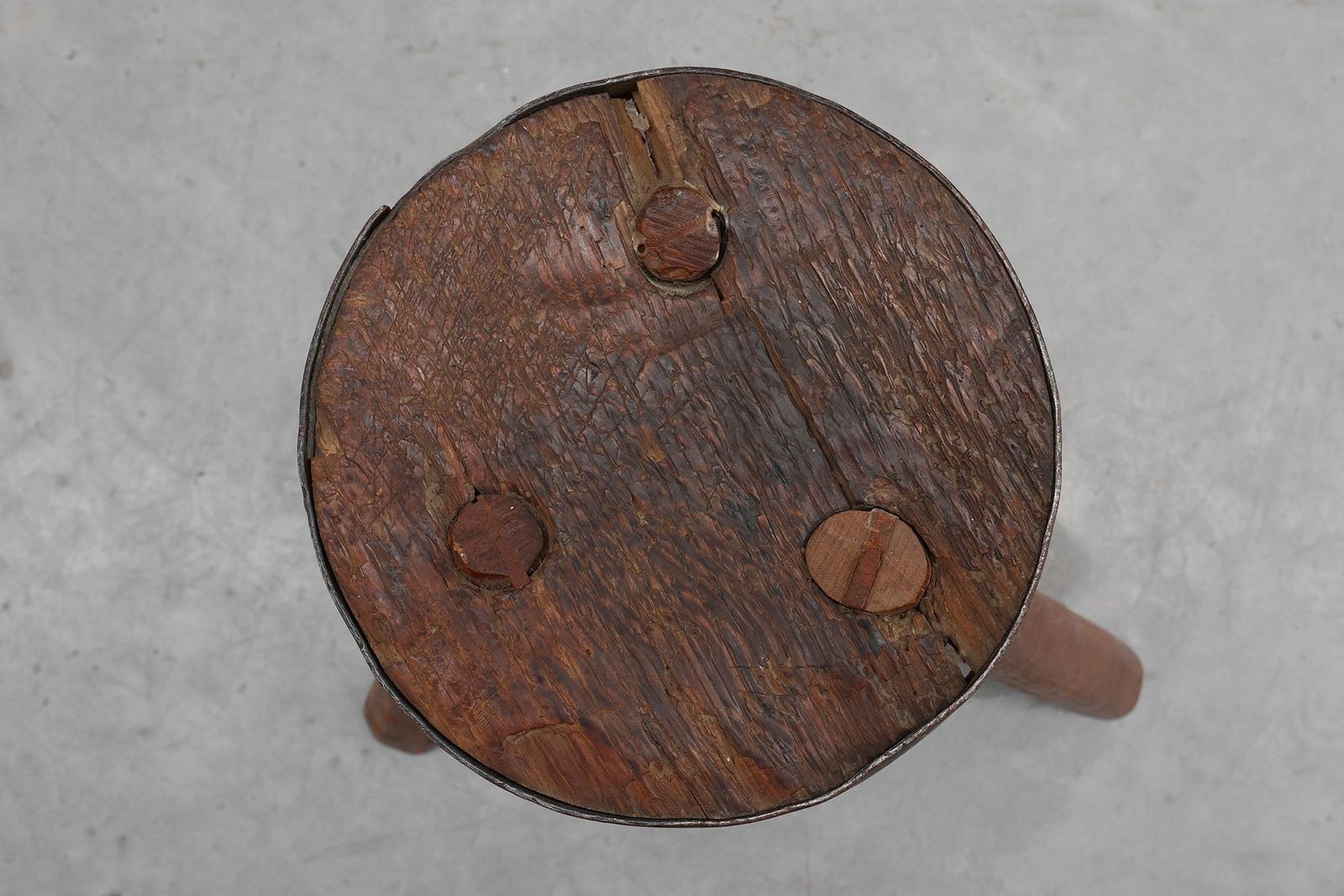 1042.0 Brutalist French Oak Tripod Stool With Metal Rim, 1850s photo