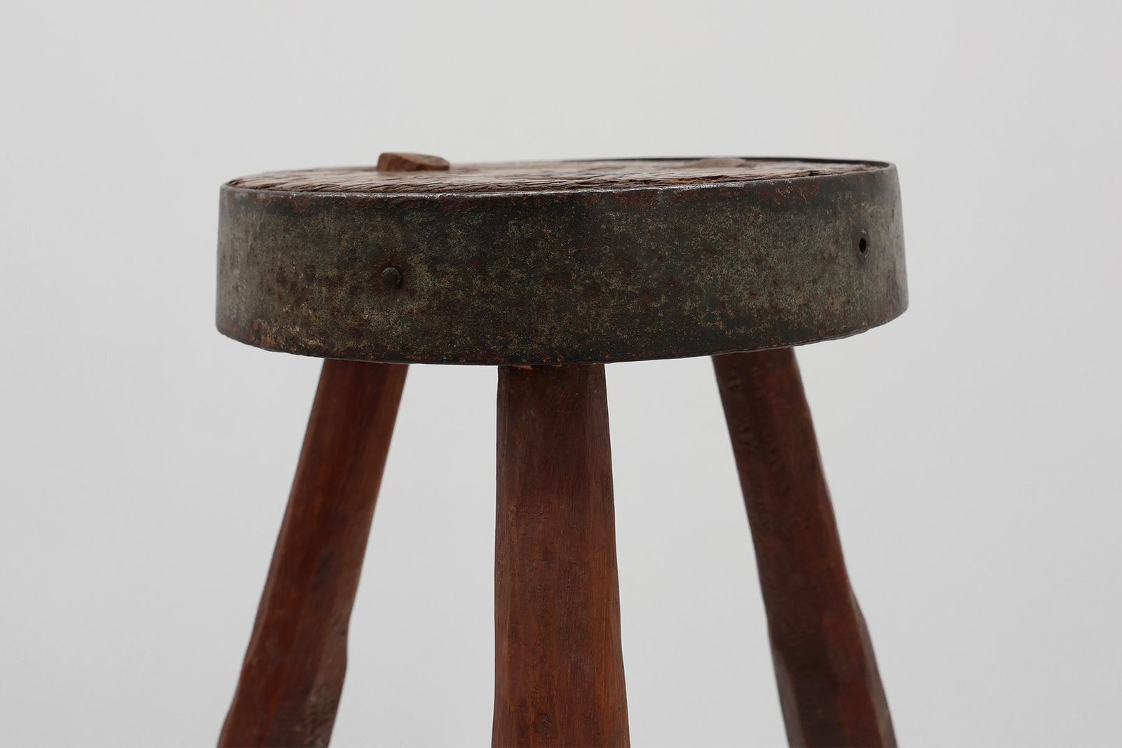 Brutalist French Oak Tripod Stool With Metal Rim, 1850s photo furniture