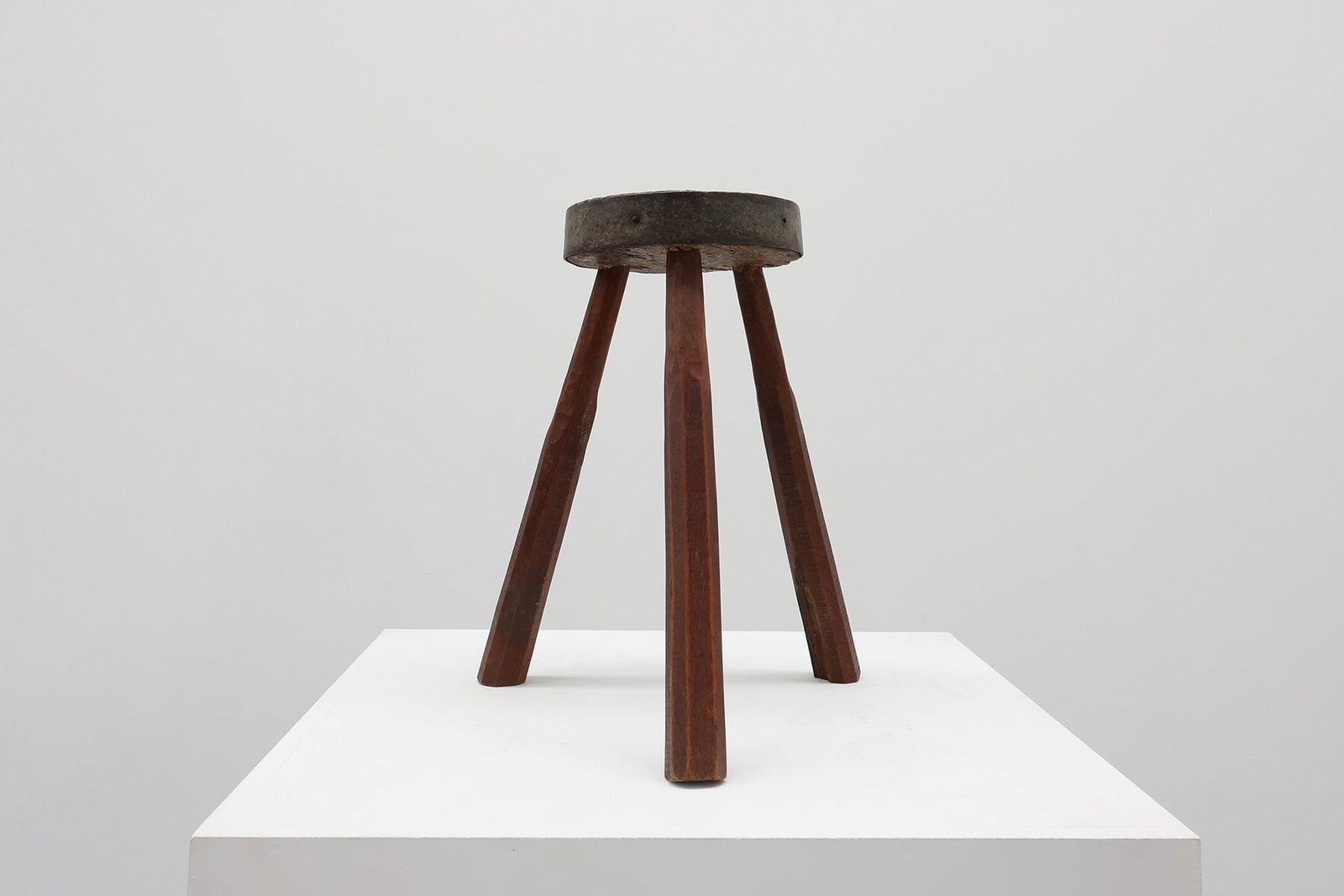 Brutalist French Oak Tripod Stool With Metal Rim, 1850s photo for sale
