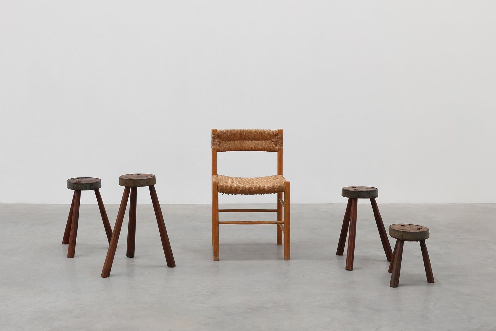 Vintage Brutalist French Oak Tripod Stools With Metal Rim, 1850s, Set Of 4 photo furniture
