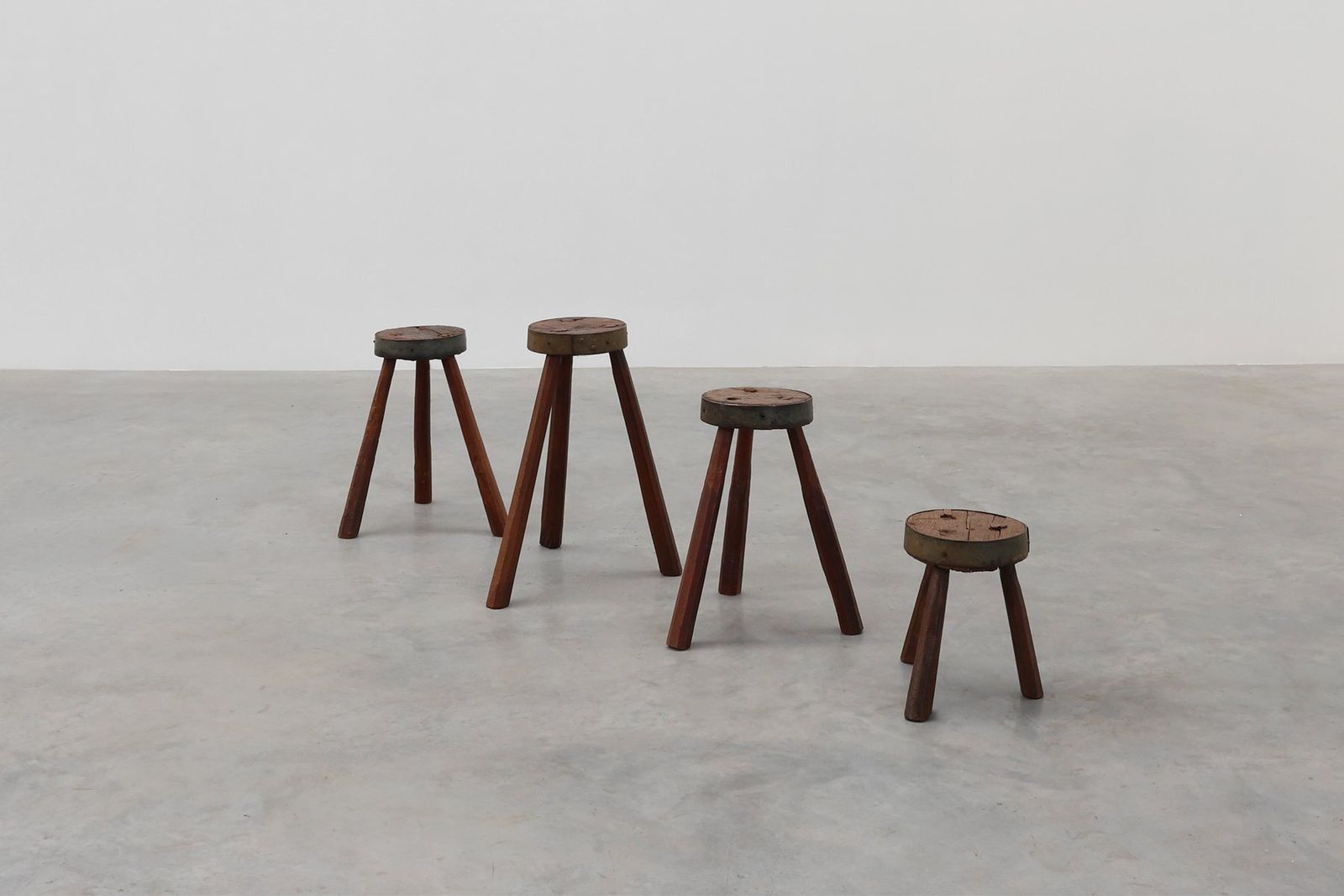 Vintage Brutalist French Oak Tripod Stools With Metal Rim, 1850s, Set Of 4 photo Furniture