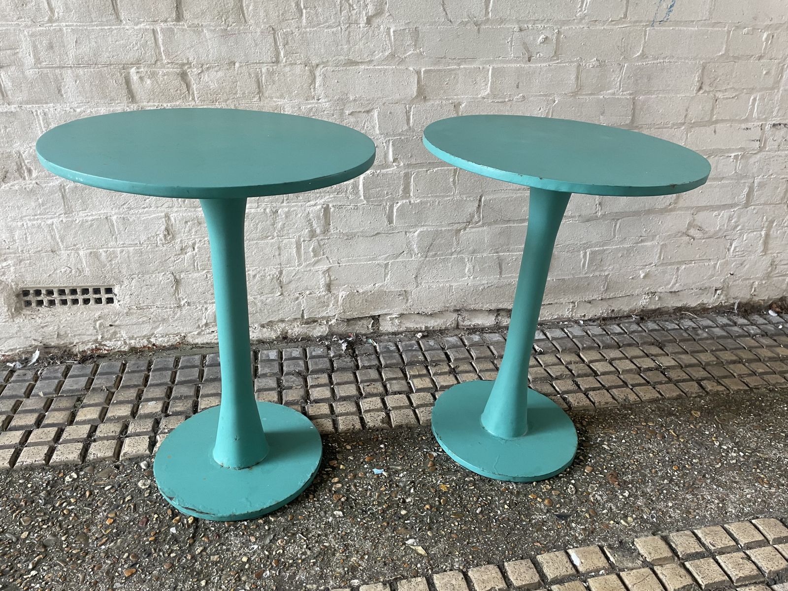 Pair Of Metal Teal Coloured Bistro / Side Tables photo vintage