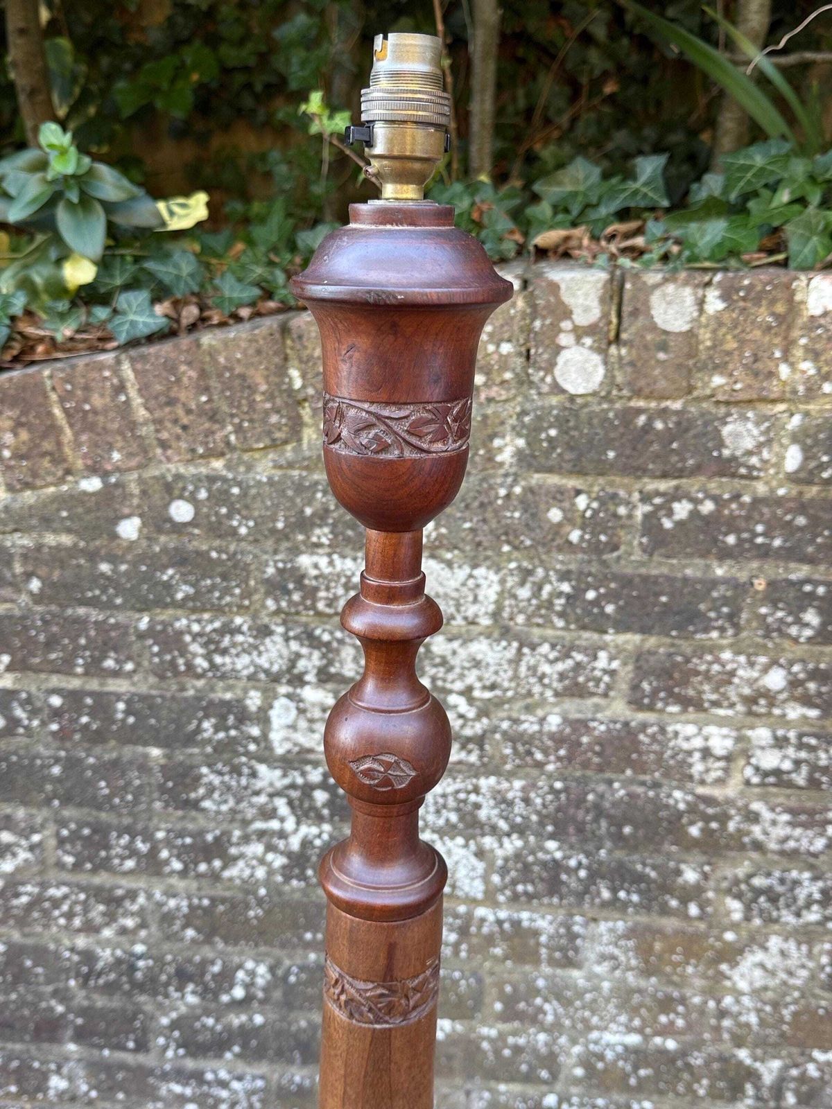 Vintage Carved Wood Floor Lamp, Mid Century 1950s Turned Hardwood Standard Lamp, British Colonial Or Regency Revival Lighting   Working! photo for sale