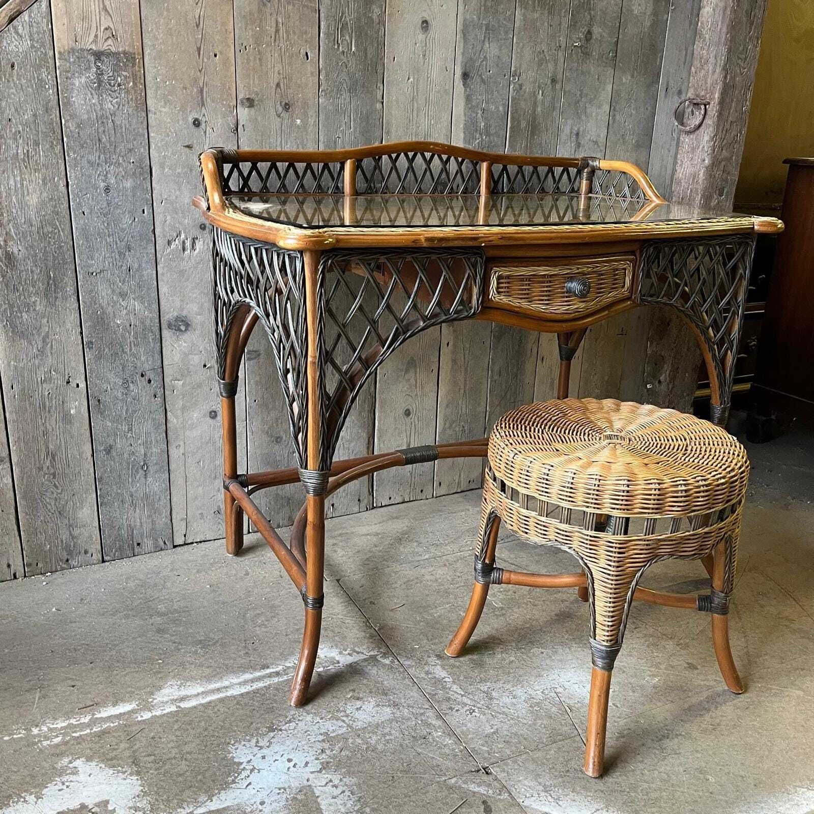 Vintage Wicker Dressing Table With Glass Top And Matching Stool photo 1125.0