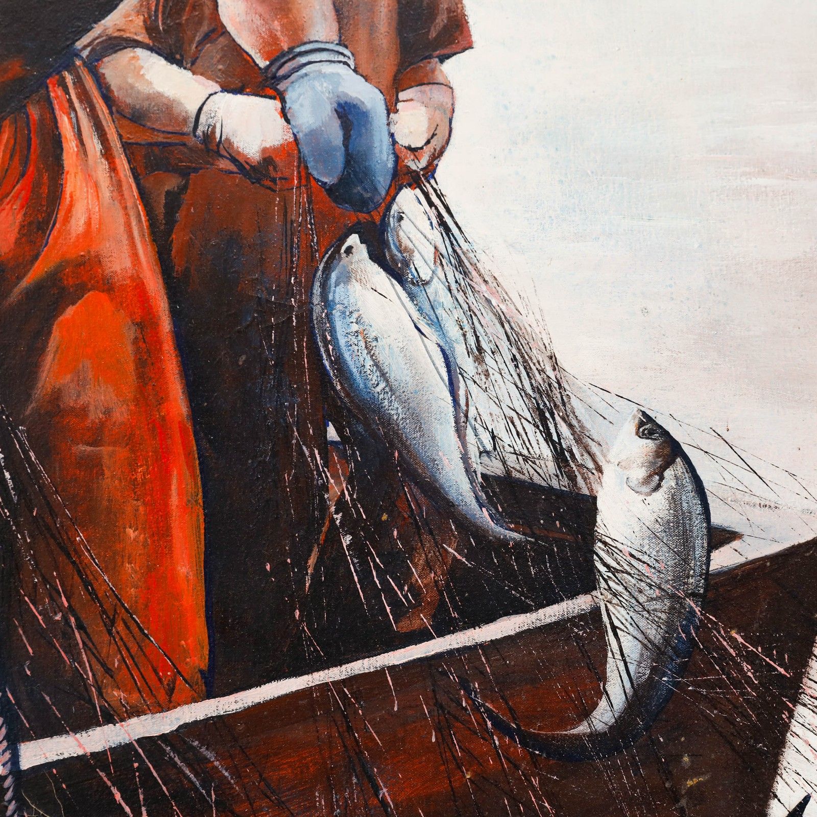 R. E. Banwell Framed Contemporary Oil, Bringing In The Catch photo for sale