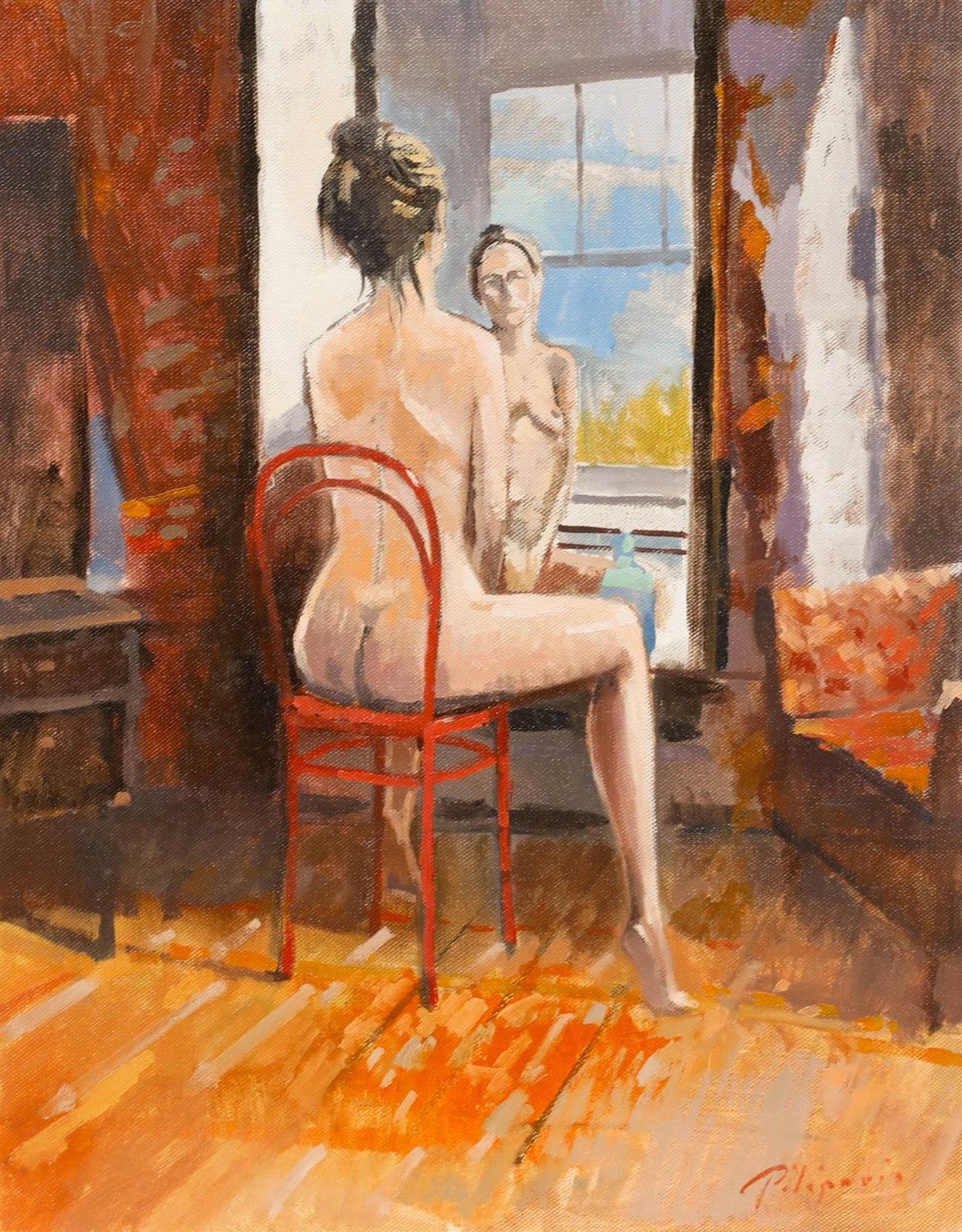 Zlatan Pilipovic (B.1958) Contemporary Oil, Woman In The Mirror photo furniture
