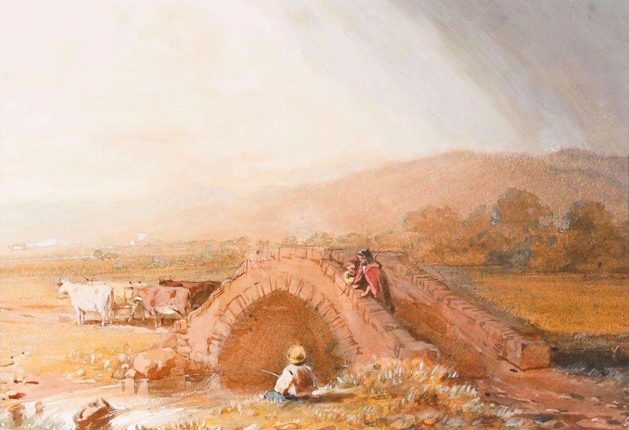 Manner Of David Cox (1783 1839) 19th Century Watercolour, Meeting On A Bridge photo Art