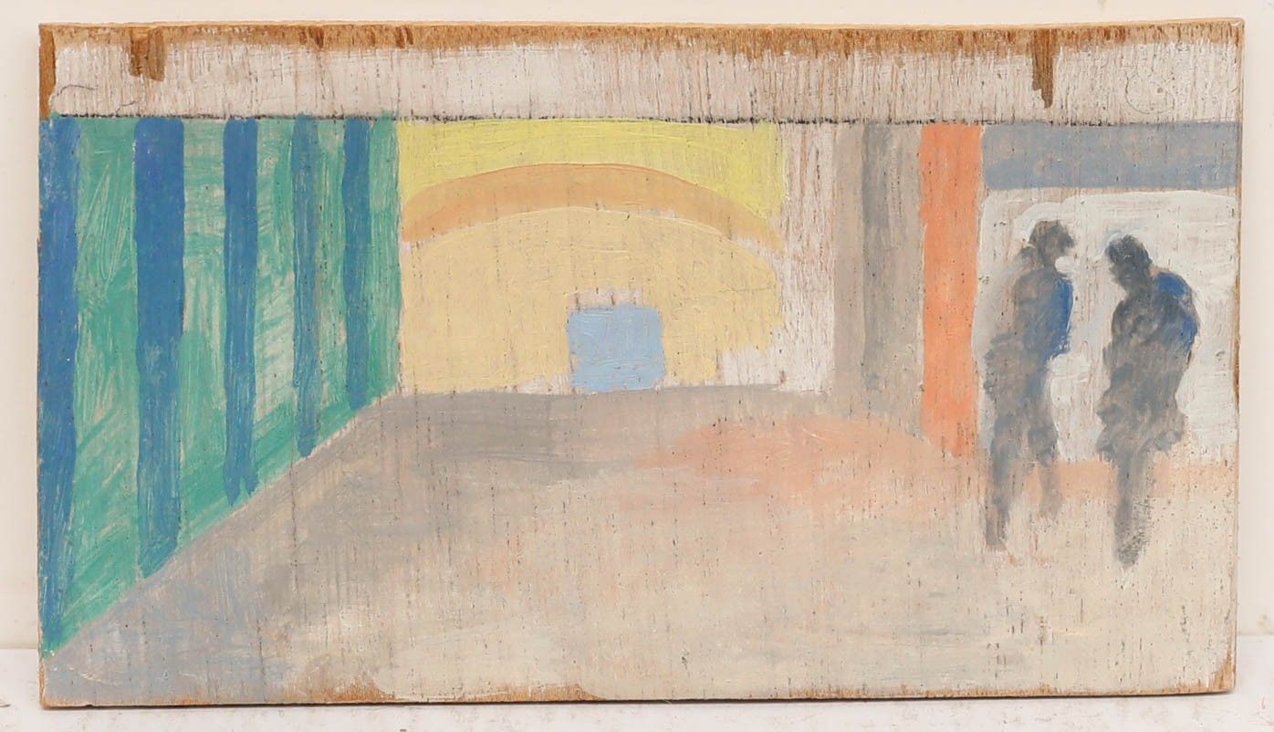 Bernadette Kelly (B.1933) Mid 20th Century Oil, Abstract Street Scene photo furniture