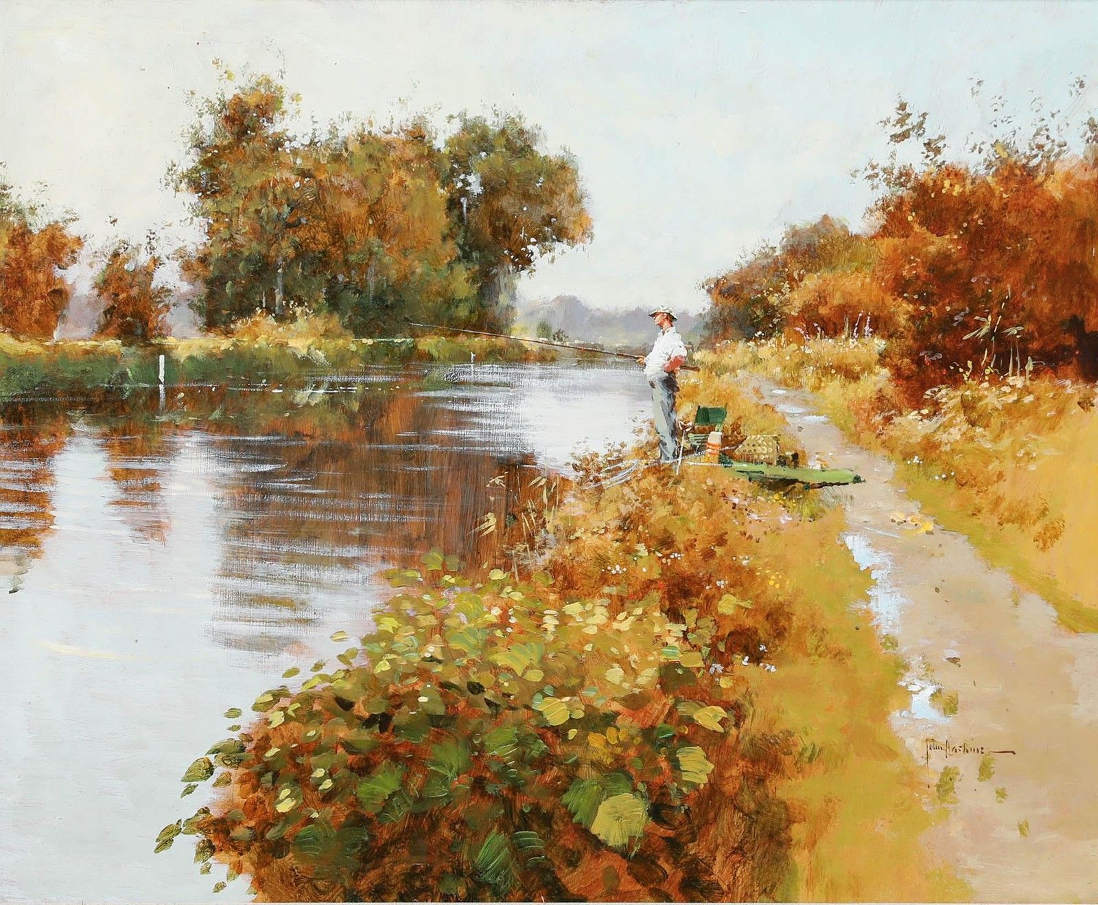 John Haskins (B.1938) 20th Century Acrylic, River Fishing photo furniture
