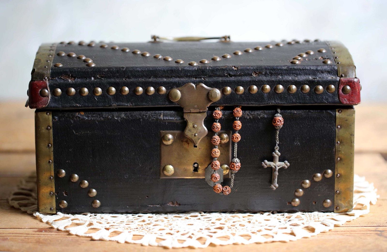 Antique Studded Chest Wooden Storage Black Domed Wedding Box photo furniture
