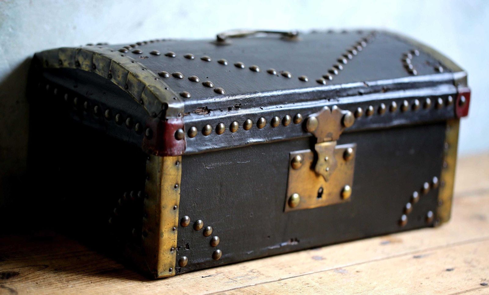 Antique Studded Chest Wooden Storage Black Domed Wedding Box photo for sale