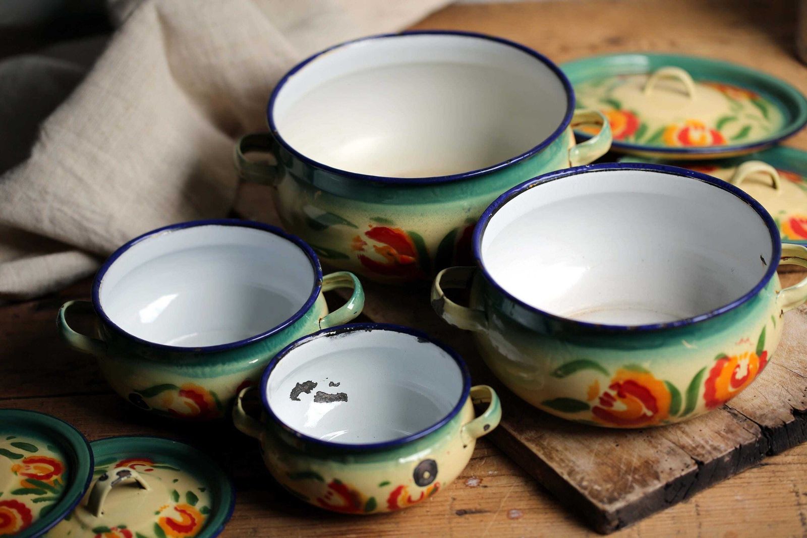 Antique French Enamelware Tureens Art Deco Floral Casserole Pans Set Of 4 photo vintage