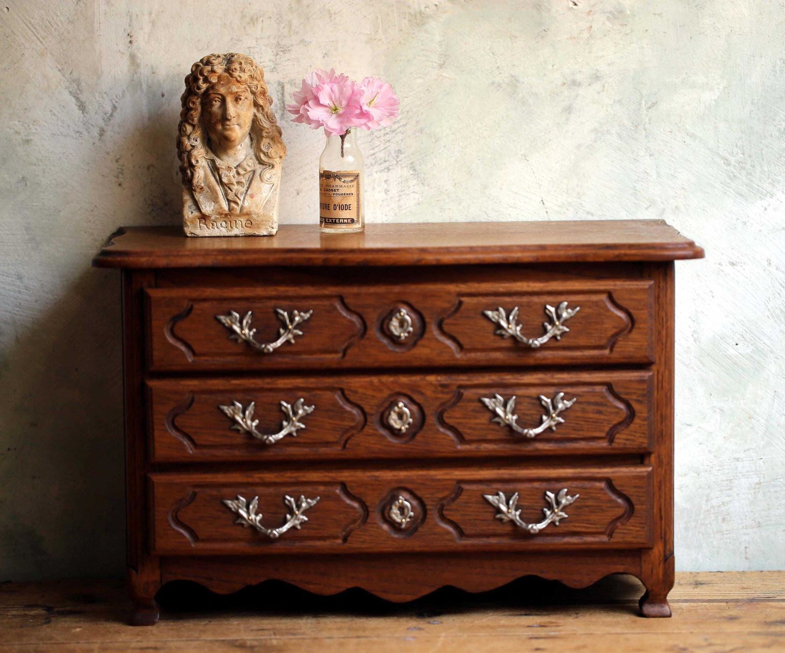 Antique French Oak Miniature Chest Salesman Sample Rococo Jewelry Box photo vintage