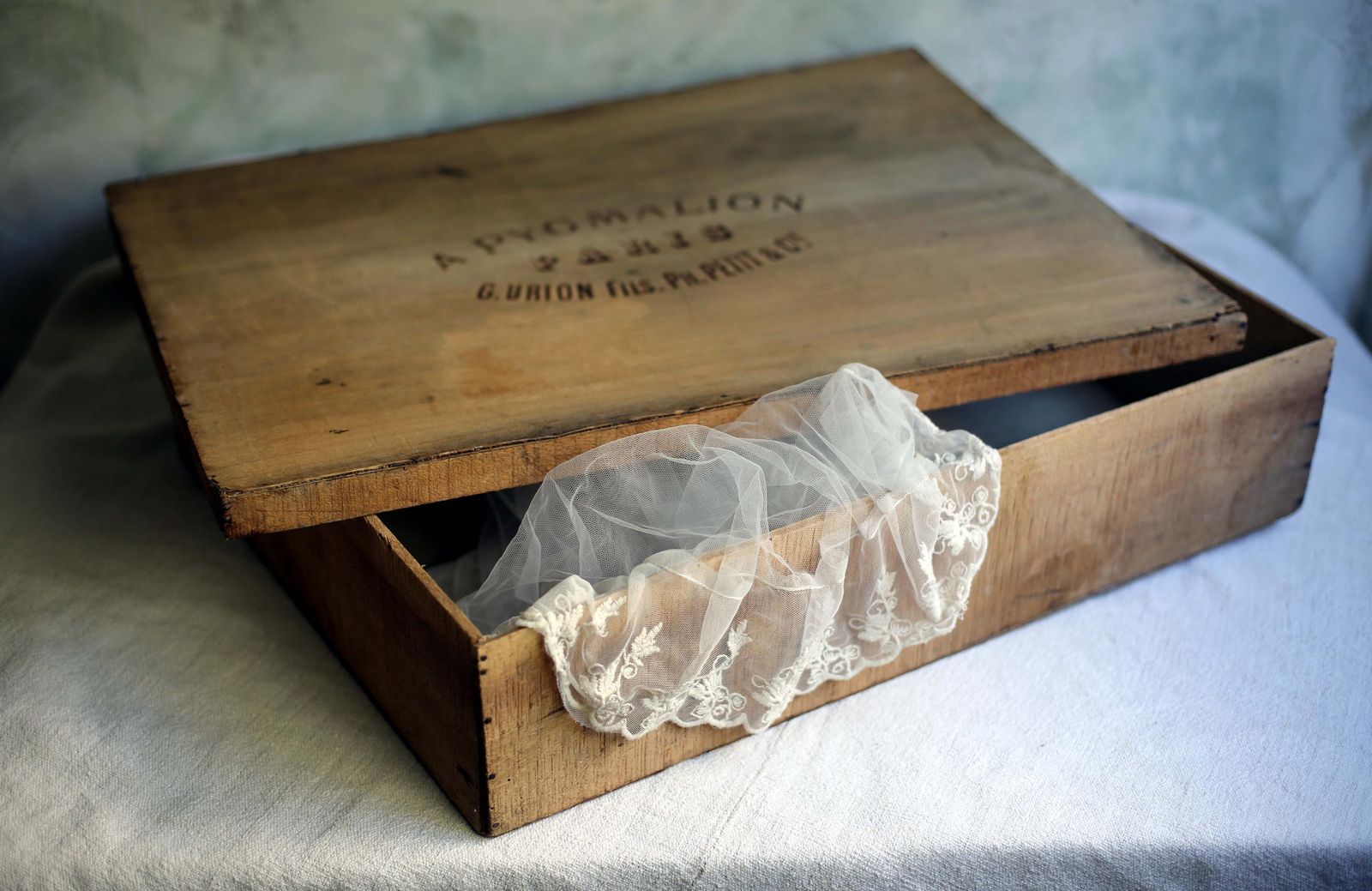 Antique Dress Box A Pygmalion Paris Store Large French Wooden Advertising Storage Box photo furniture