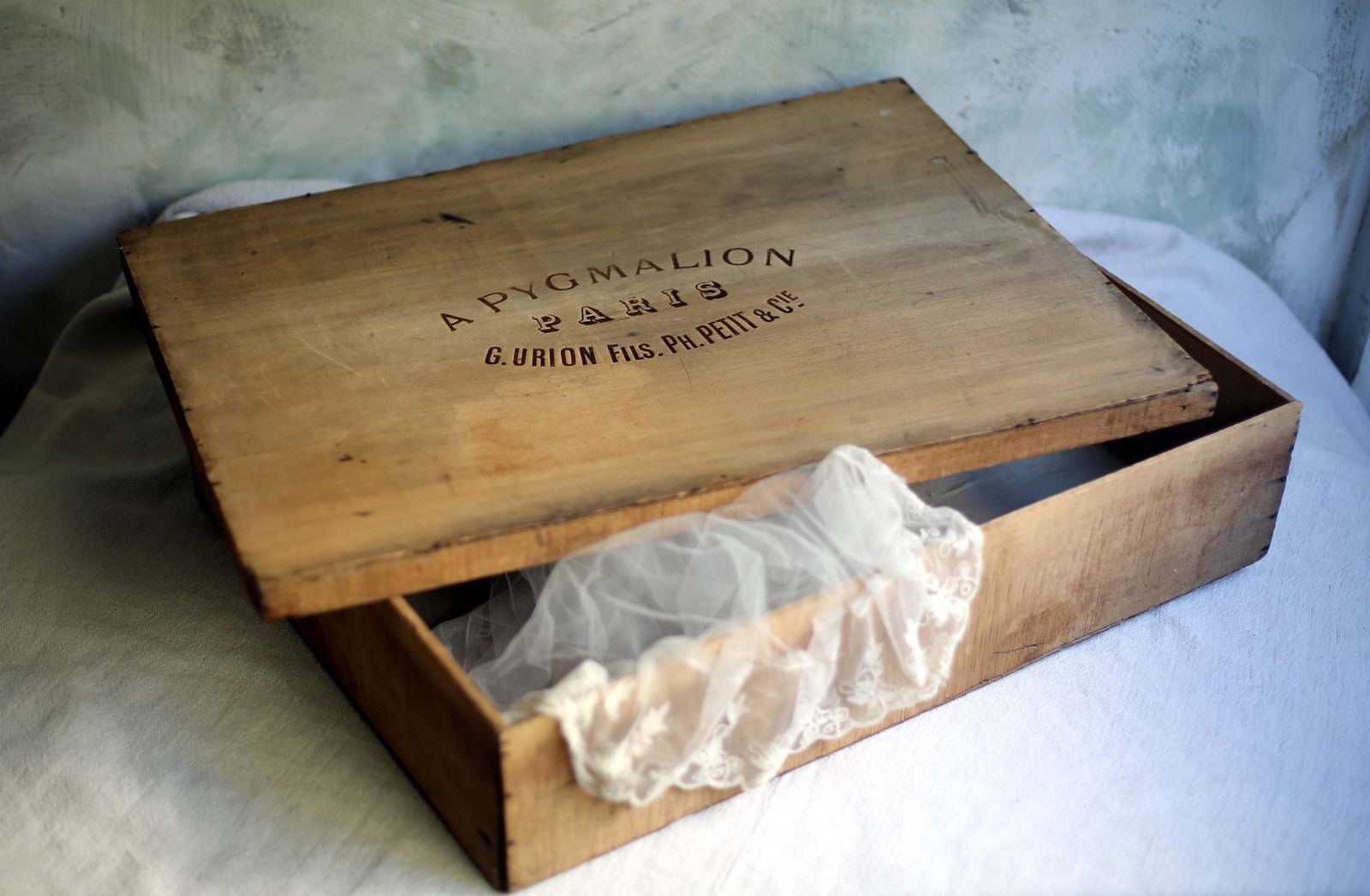 photo for sale Antique Dress Box A Pygmalion Paris Store Large French Wooden Advertising Storage Box