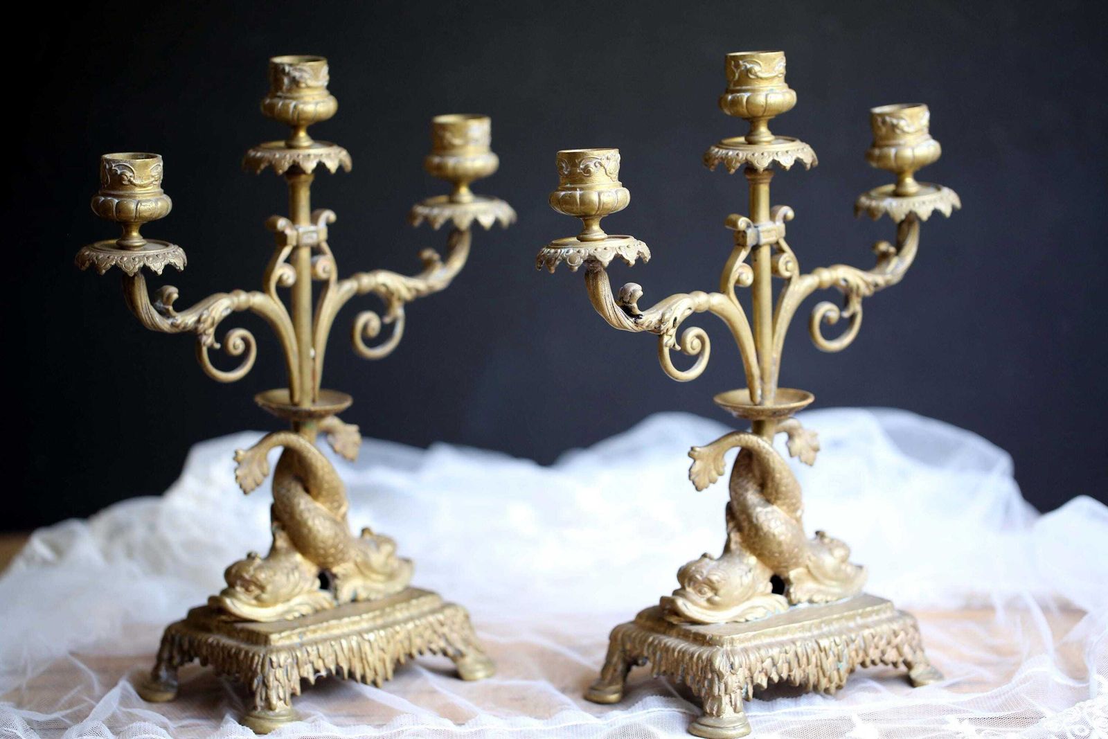 Pair Of Antique French Dolphin Candlesticks Ormolu Candelabras Gilded Bronze Candle Holders photo furniture
