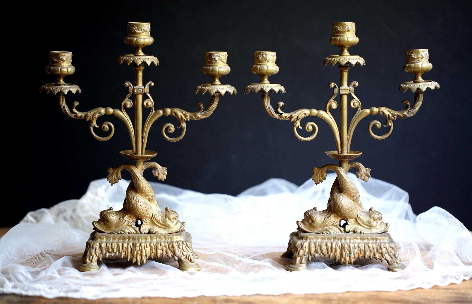 Pair Of Antique French Dolphin Candlesticks Ormolu Candelabras Gilded Bronze Candle Holders photo Home Decor