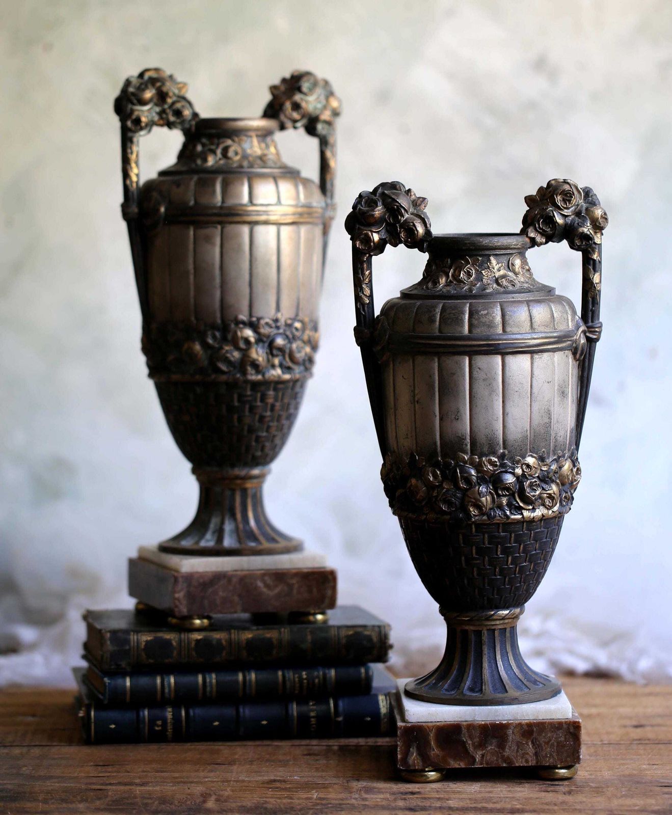 Pair Of Antique Mantle Urns Large Neo Classical Style Vases photo furniture