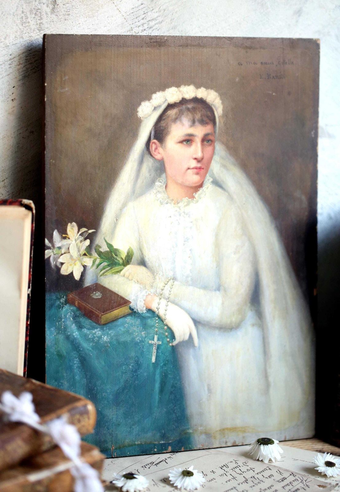 Antique Oil Painting: Girl's Holy Communion Portrait By Emil Baré photo furniture