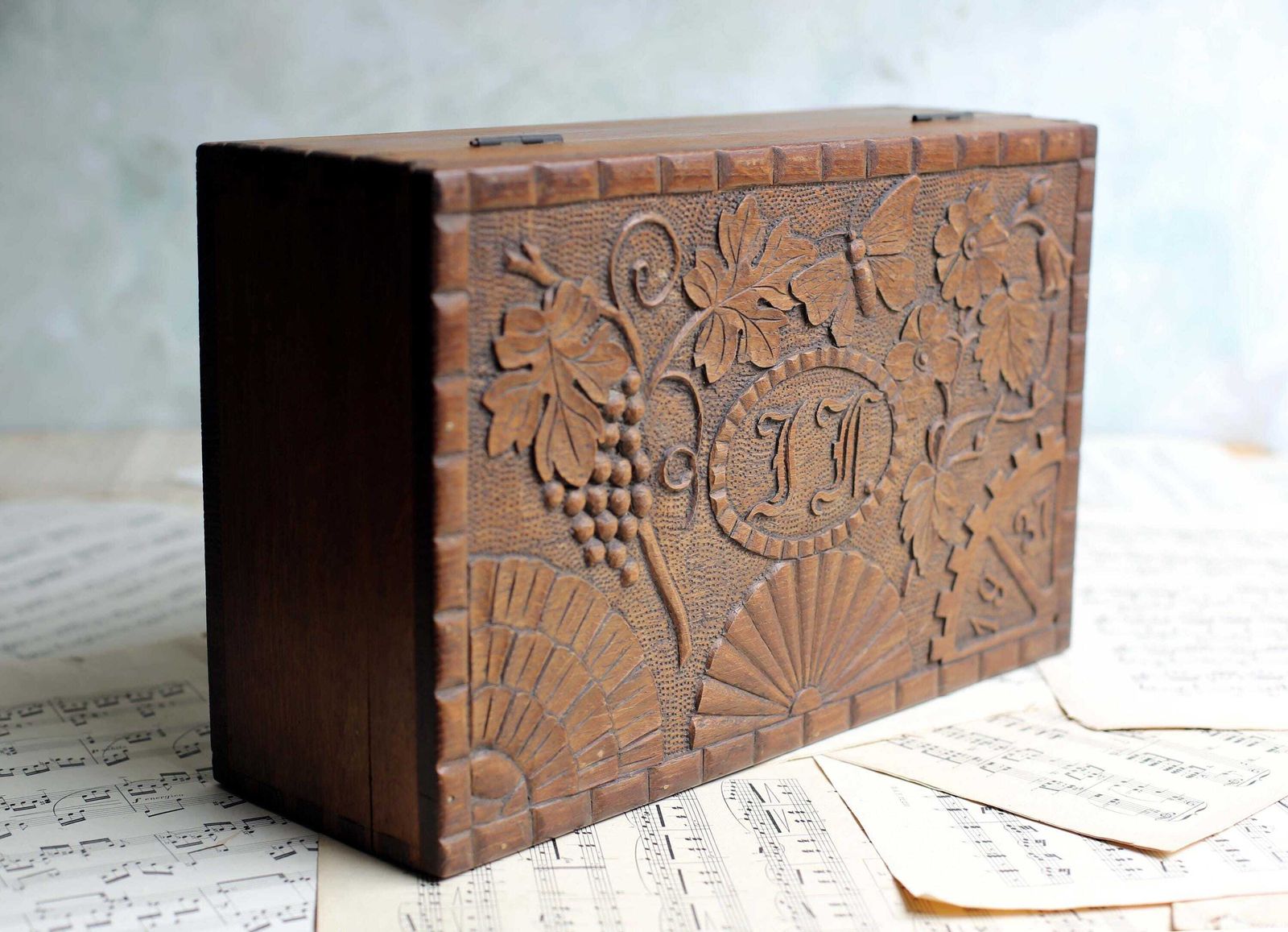 Antique French Box Carved Box Wooden Storage Case Lf Monogram 1937 Chest