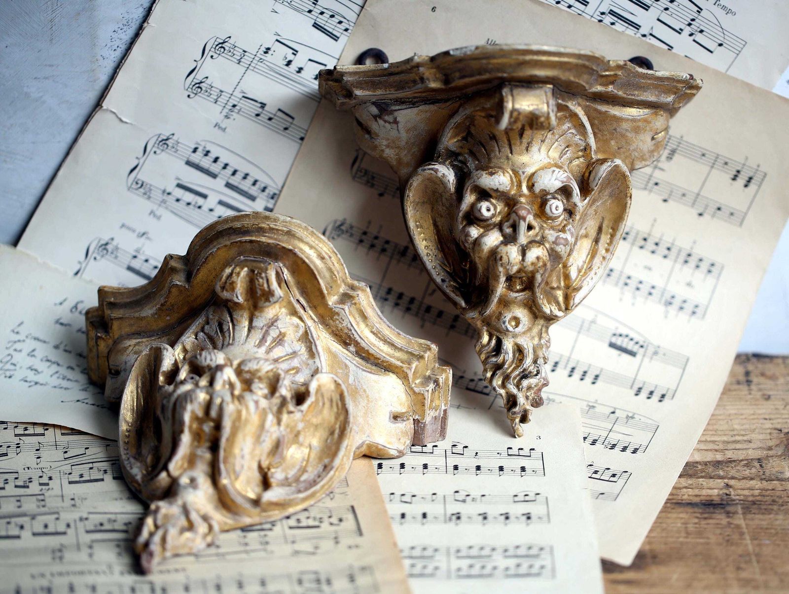 Antique French Corbels: Renaissance Revival Grotesque Faces Carved Wood Wall Shelves photo for sale