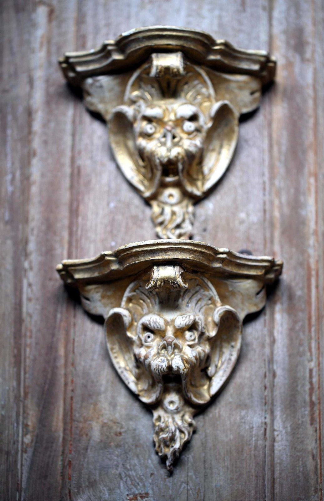 Antique French Corbels: Renaissance Revival Grotesque Faces Carved Wood Wall Shelves photo vintage