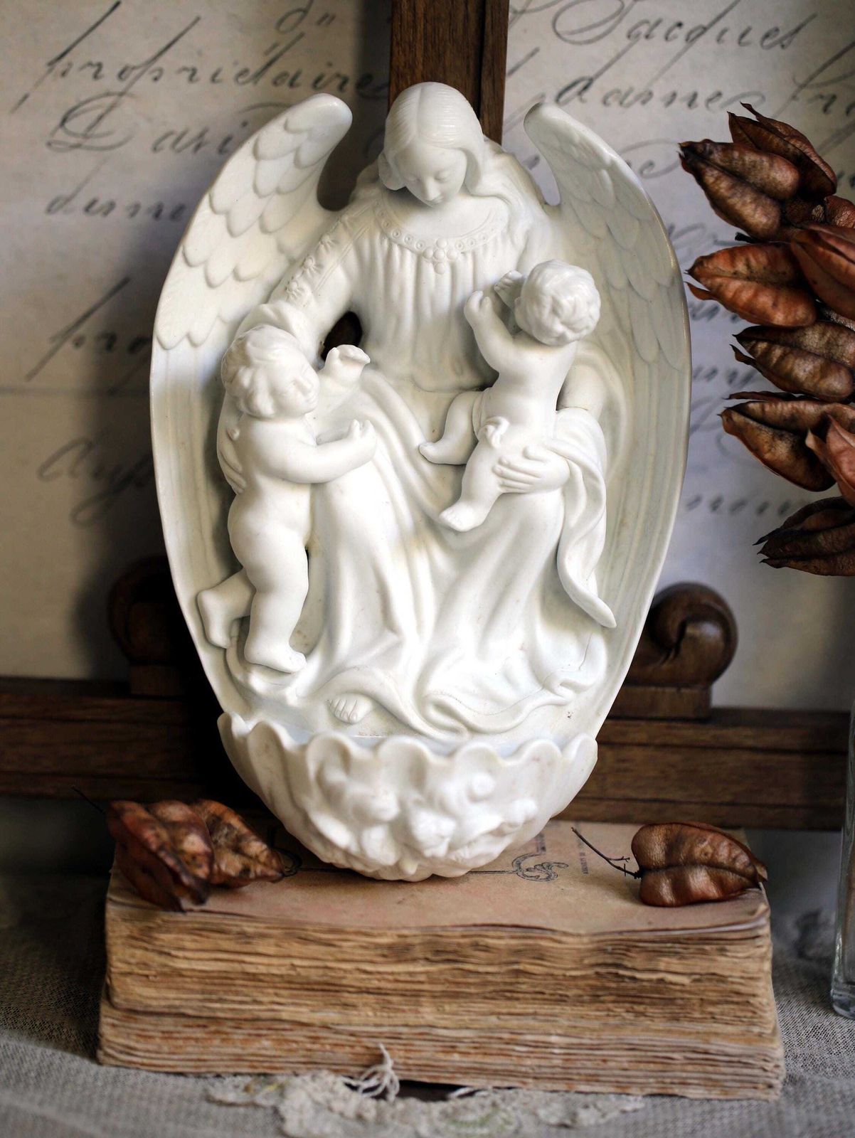 Antique French Porcelain Font Madonna & Jesus Christ Virgin Mary Benitier Statue Wall Hanging Religious Shrine