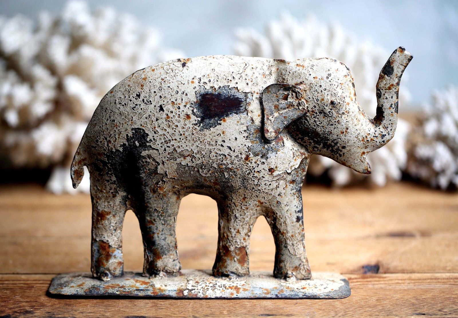 Distressed Vintage Elephant Statue Rusty Metal Figurine photo for sale