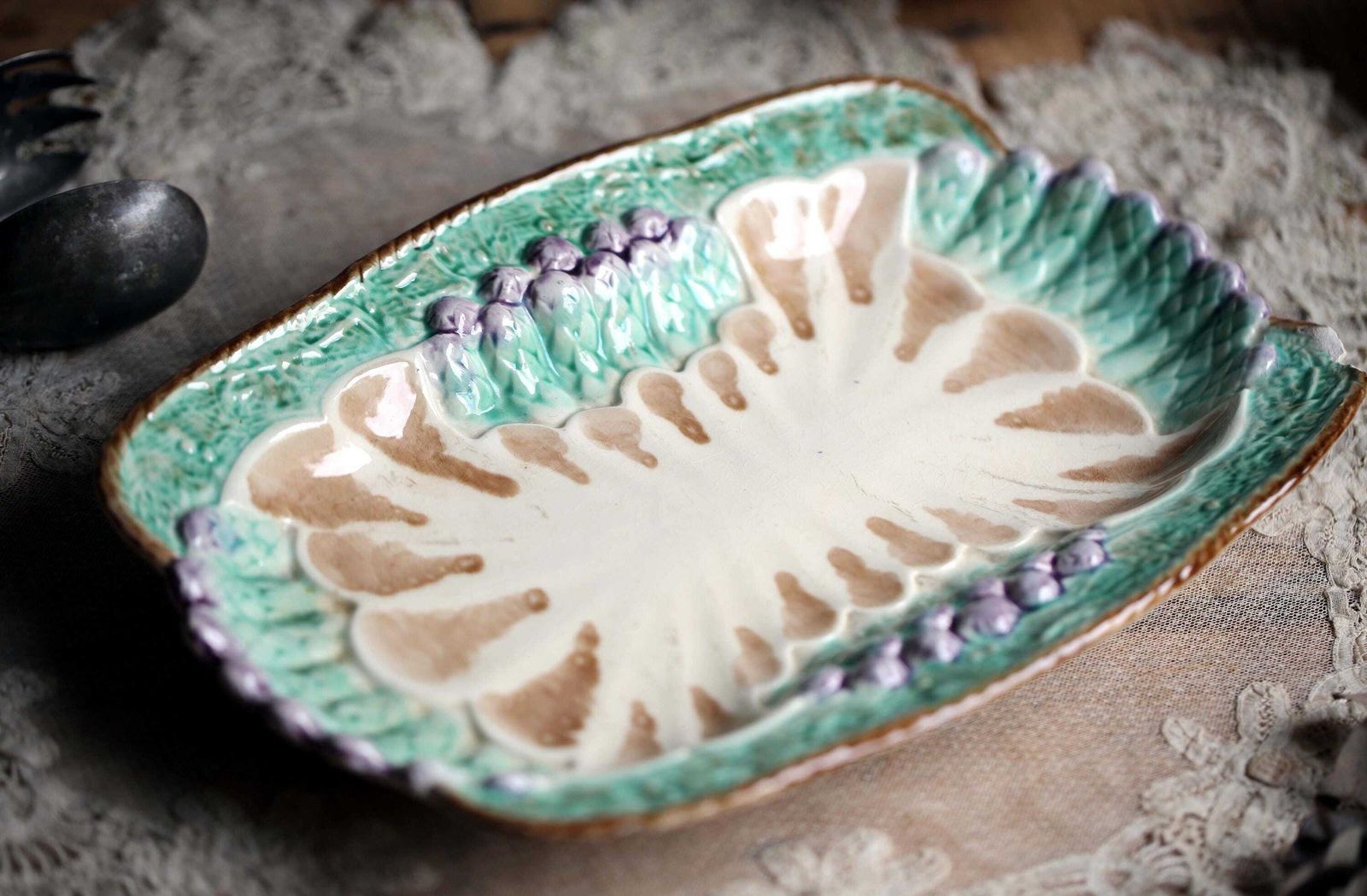 Antique Asparagus Set Drainer & Plate French Majolica Serving Platter Longchamp photo Home Decor