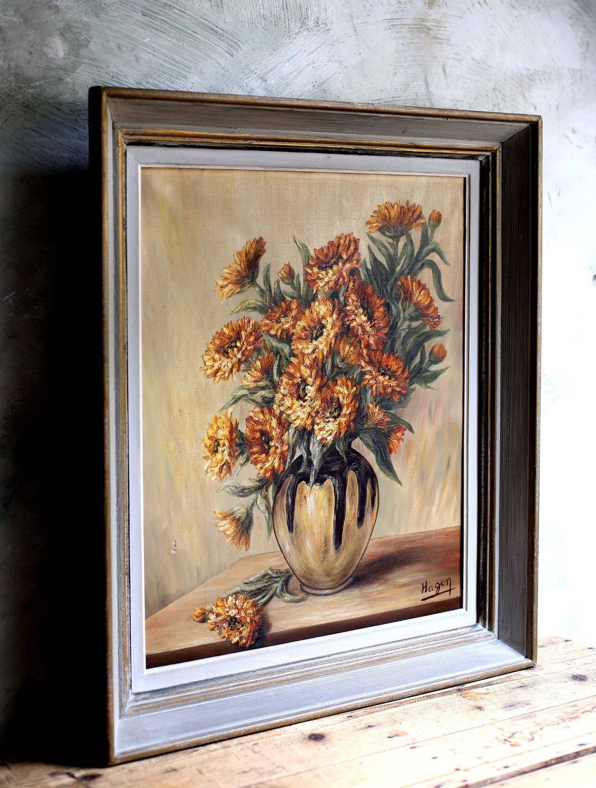 Large Chrysanthemums Oil Painting: French Impressionist Floral Still Life photo furniture