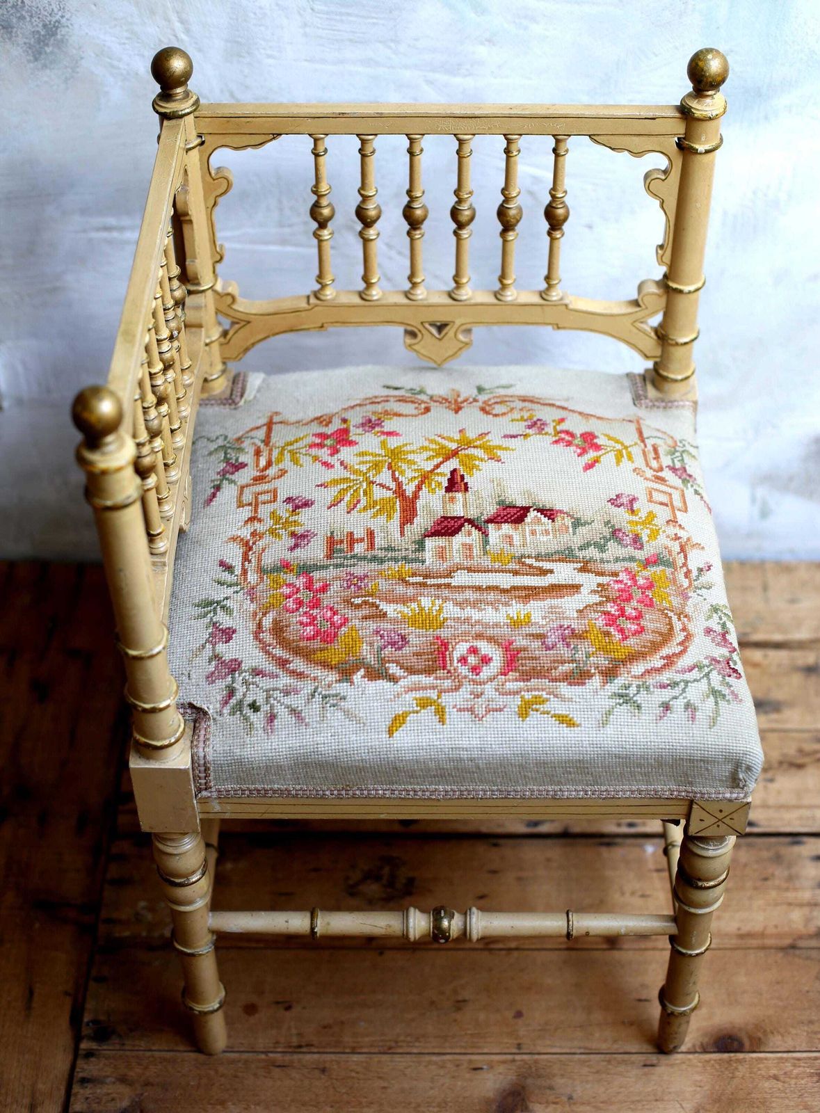 Antique French Corner Chair Small Embroidered Carved Seat photo furniture