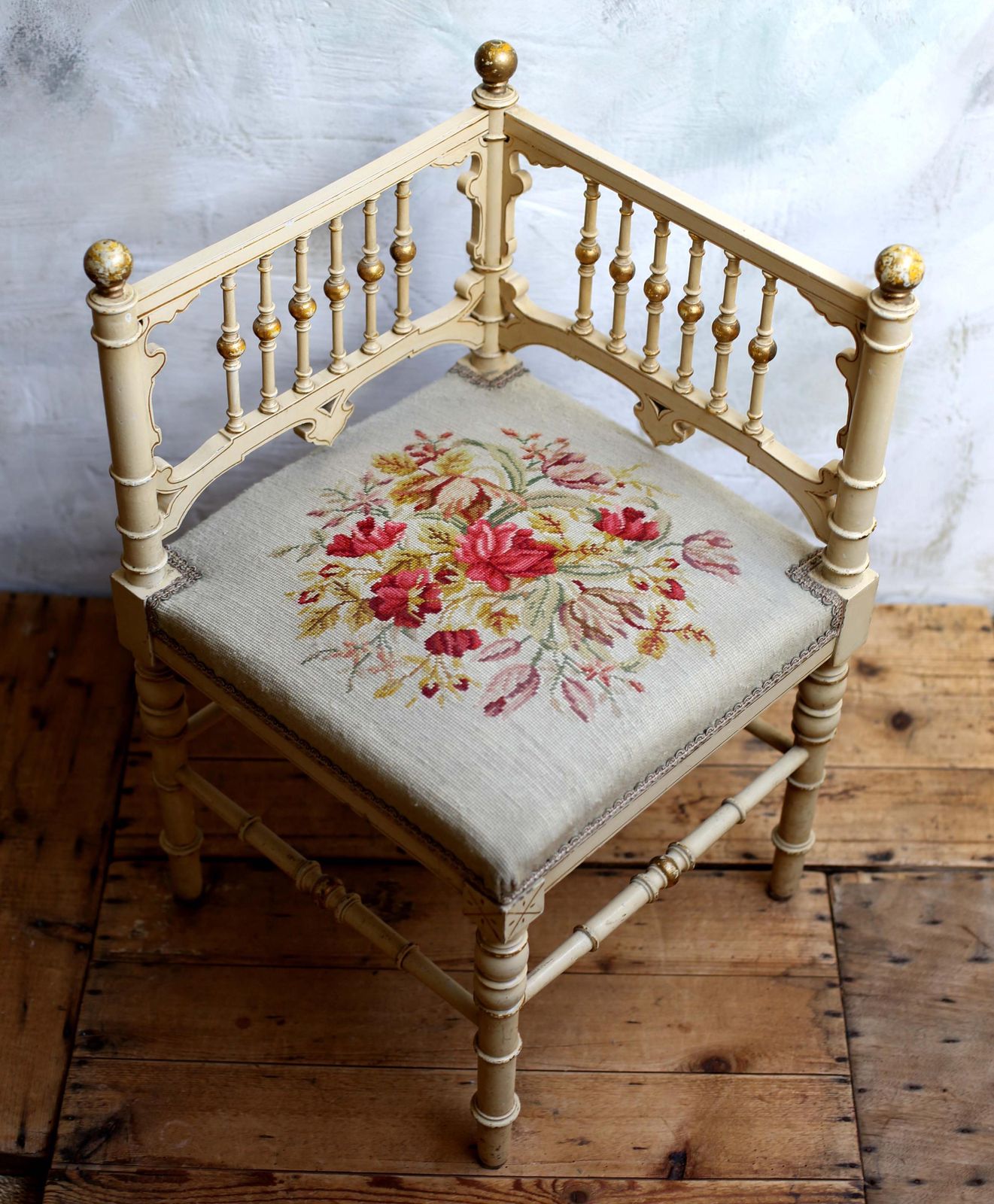Antique French Corner Chair Small Embroidered Floral Carved Seat photo 295.0