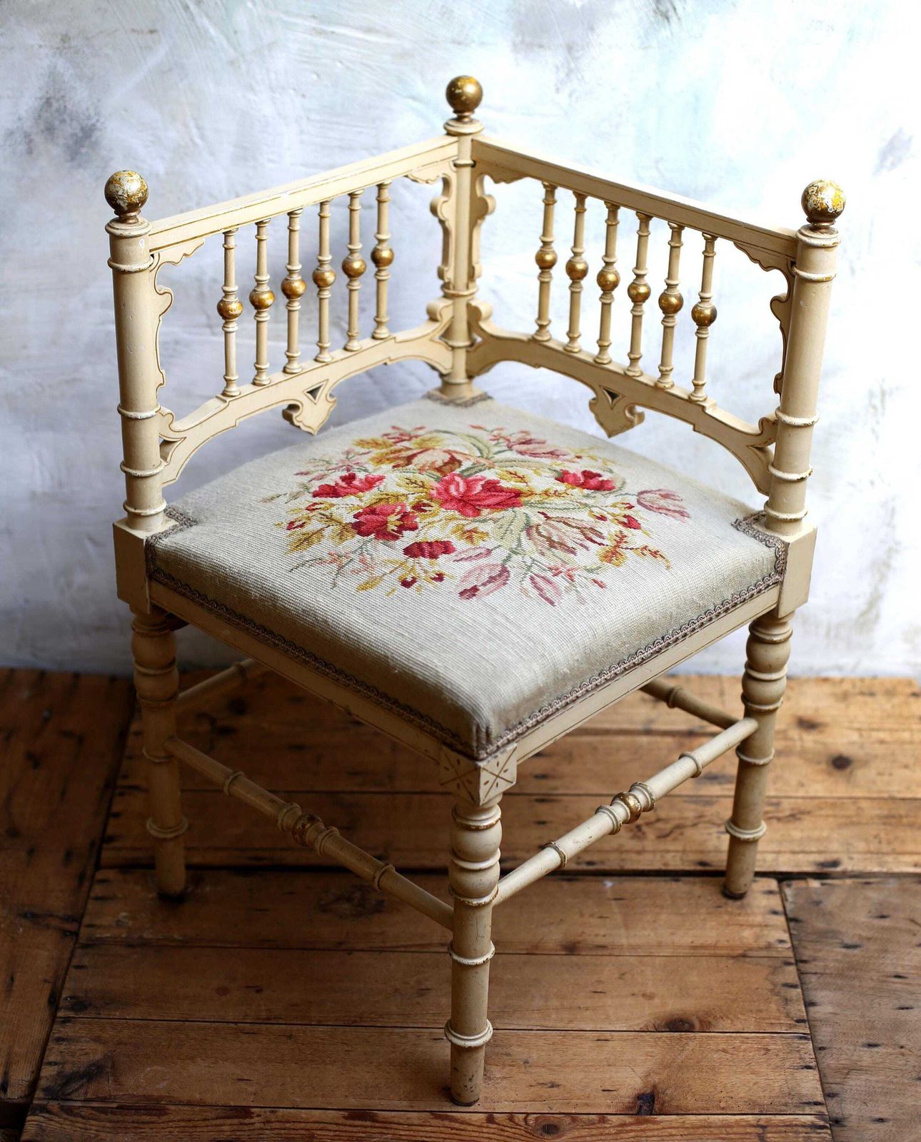 Antique French Corner Chair Small Embroidered Floral Carved Seat photo vinterior