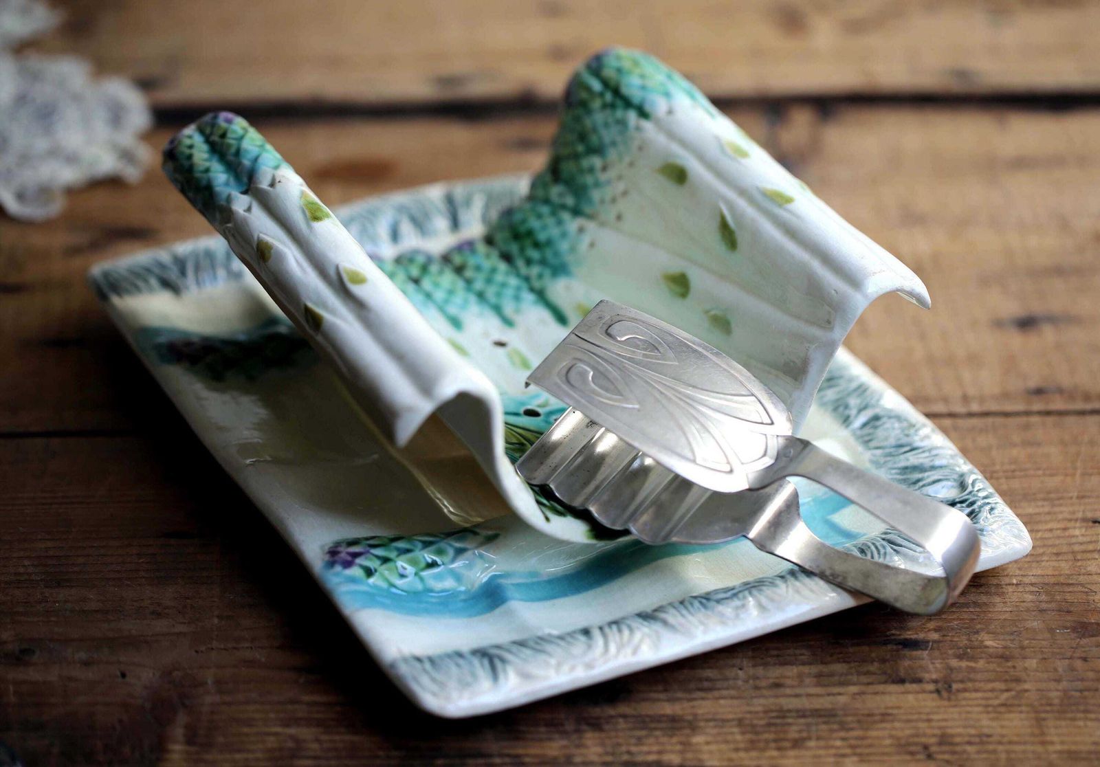Antique Asparagus Set Drainer & Plate French Majolica Serving Platter Salins photo furniture