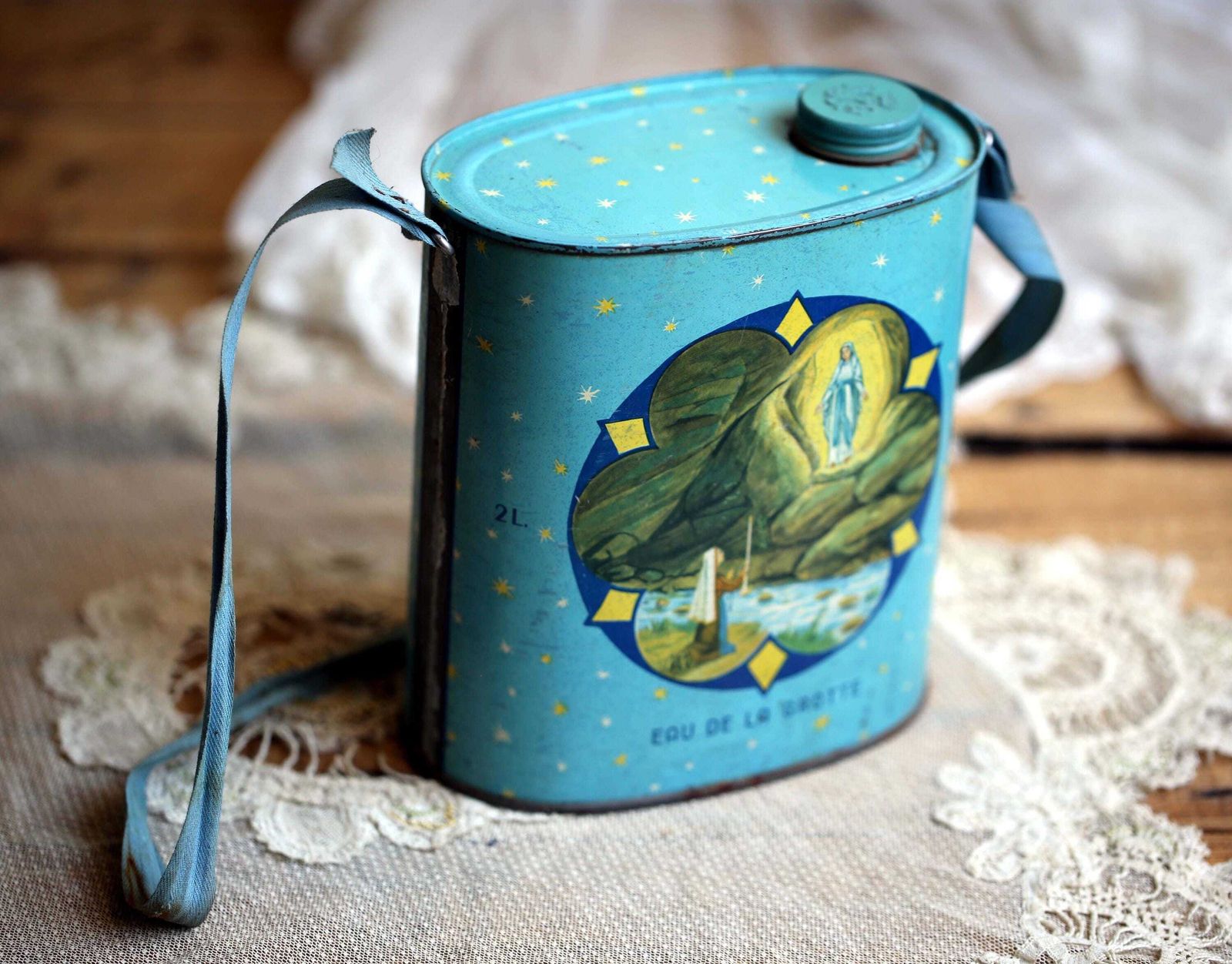 Antique French Holy Water Canister Blue Tin Can From Lourdes Metal Container With Strap photo Garden Decor