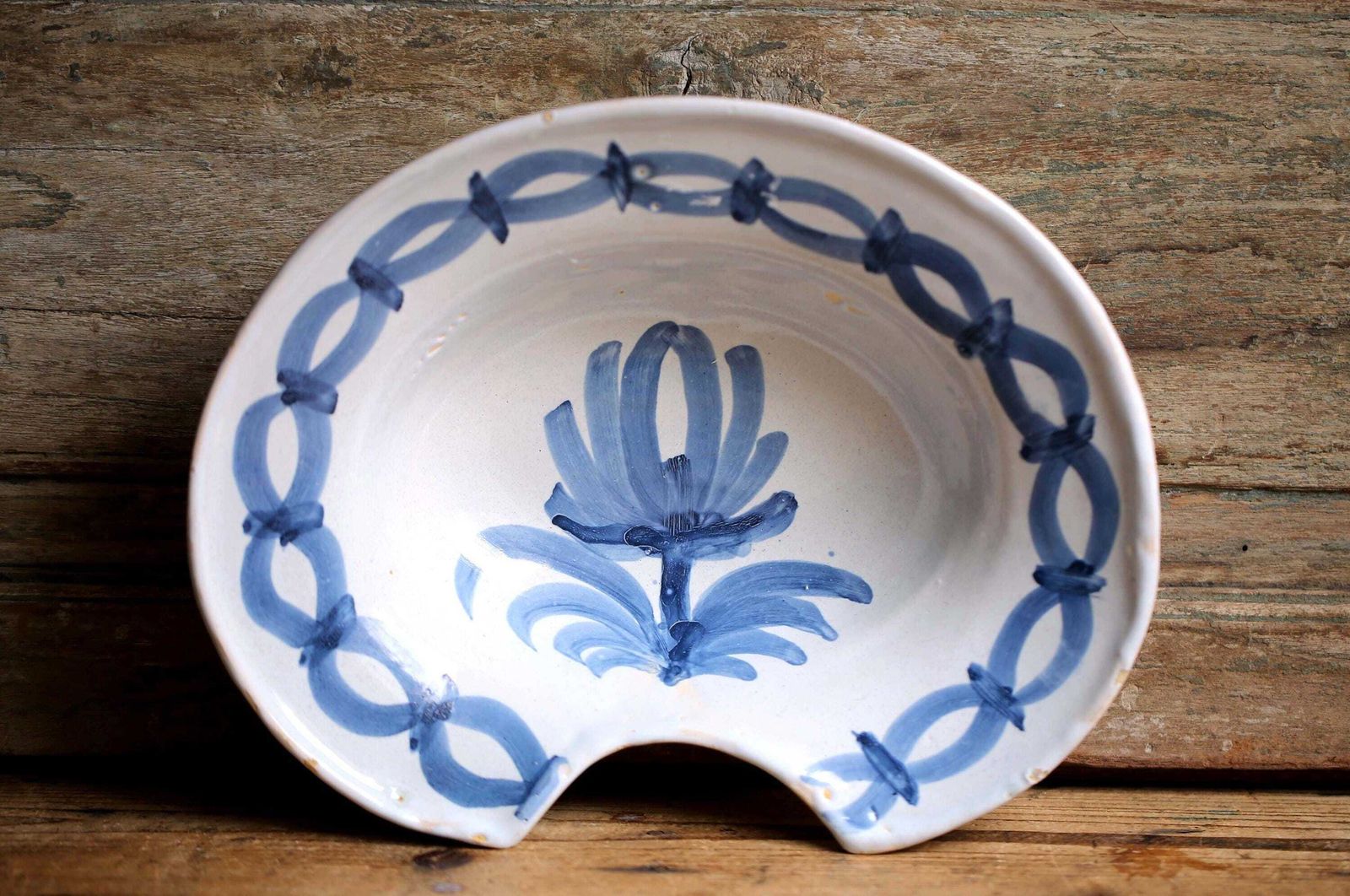 Antique French Shaving Dish Ceramic Barbers Beard Trimming Bowl Bathroom Blue And White Majolica photo for sale