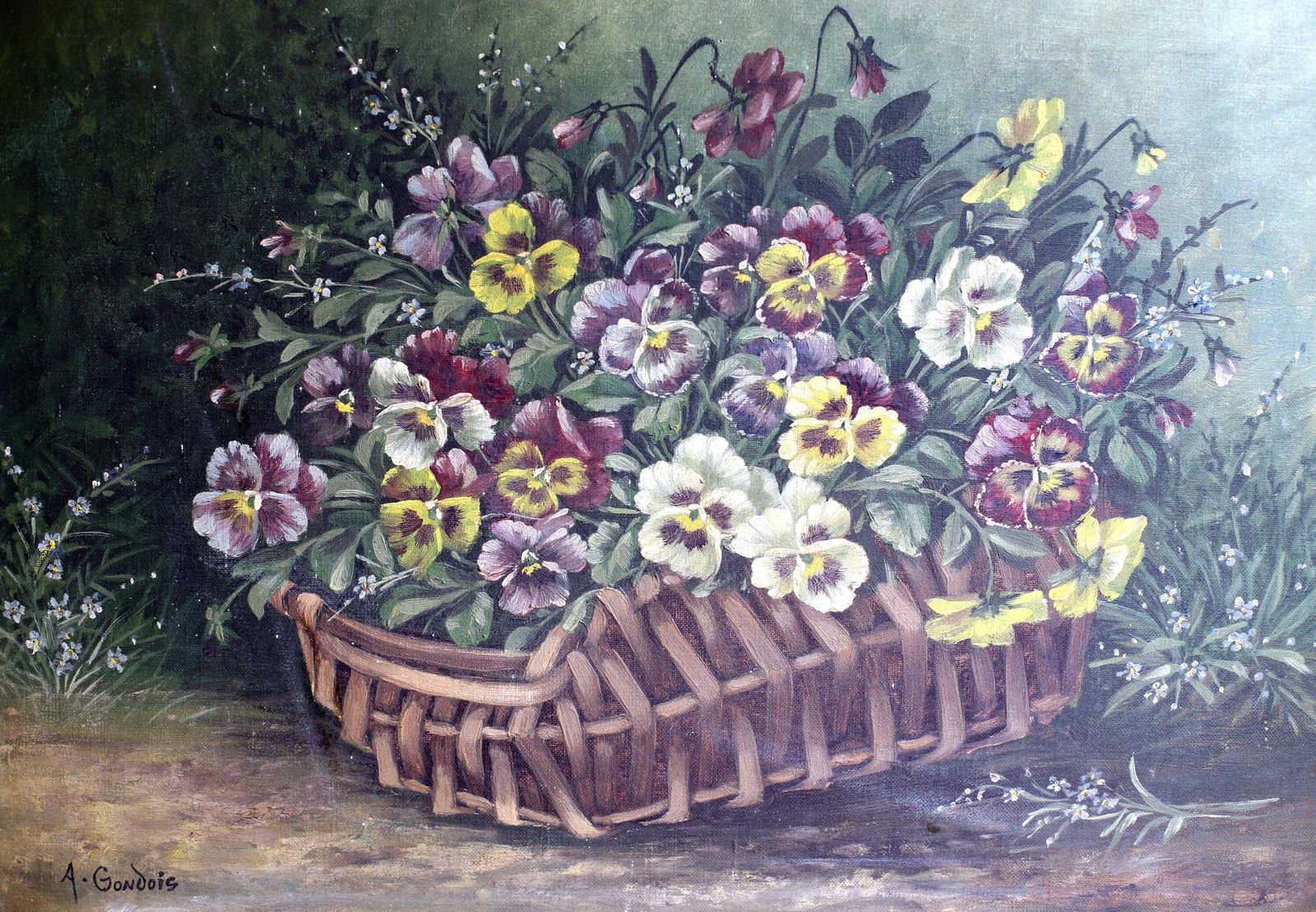Original Antique French Oil Painting Flowers Framed Still Life Pansies Auguste Gondois photo for sale