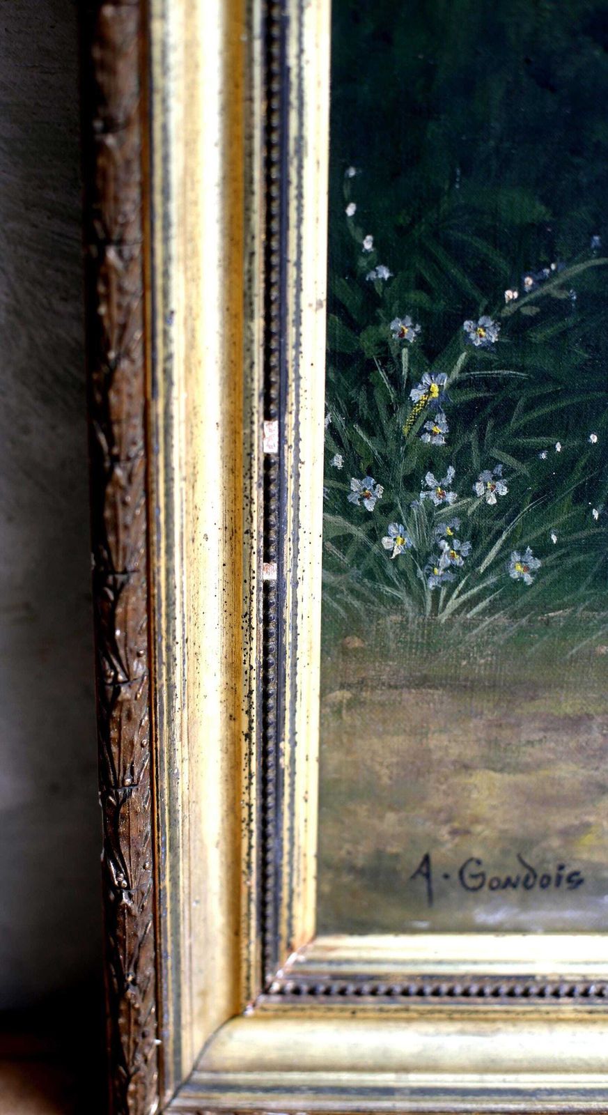 Original Antique French Oil Painting Flowers Framed Still Life Pansies Auguste Gondois photo vinterior