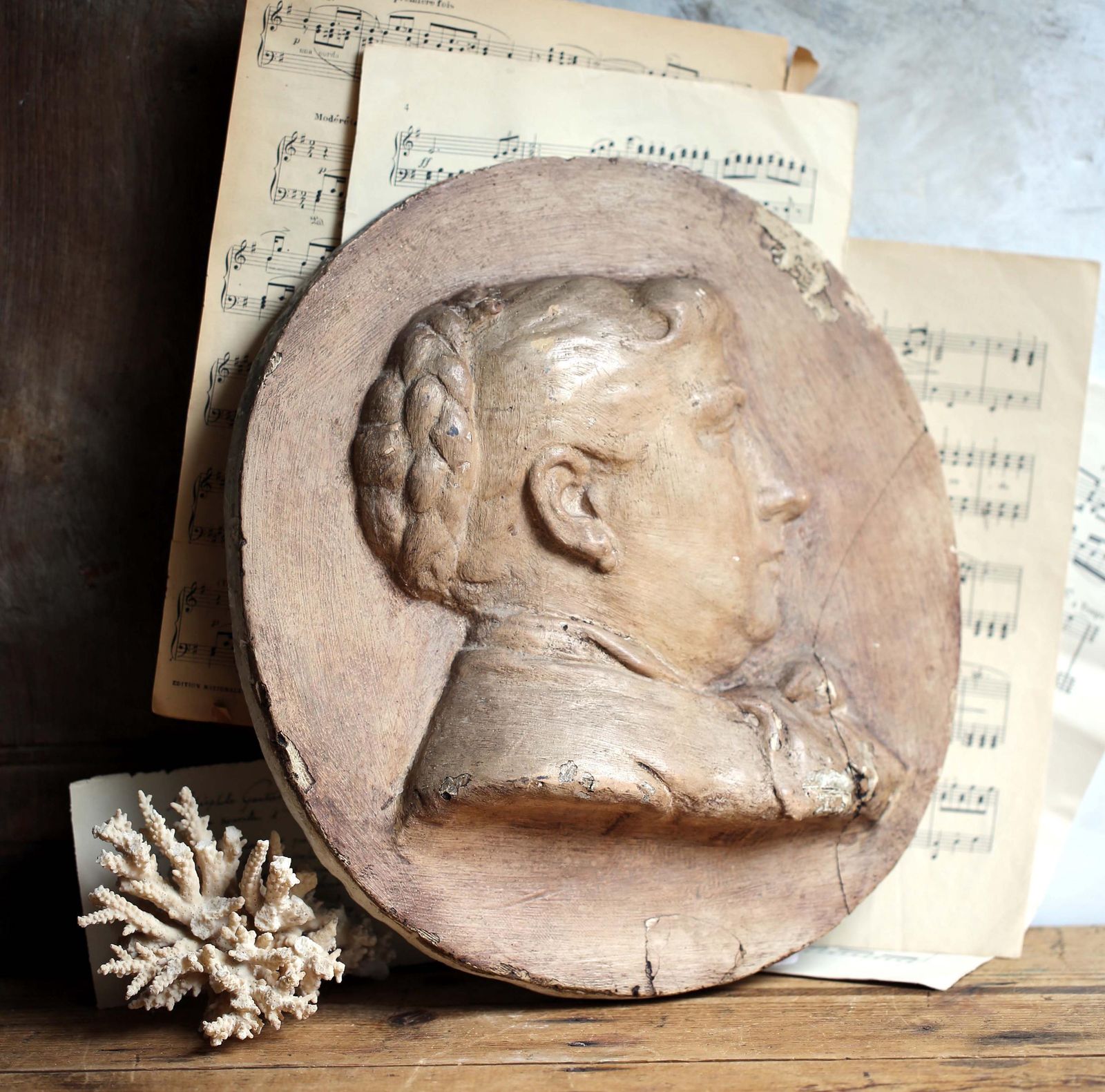 Antique Plaster Plaque Of A Lady Oval Medallion French Low Relief Female Face Cast