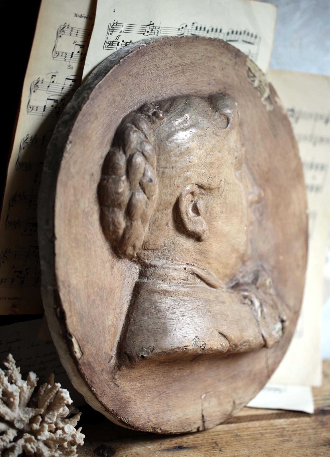Antique Plaster Plaque Of A Lady Oval Medallion French Low Relief Female Face Cast photo furniture