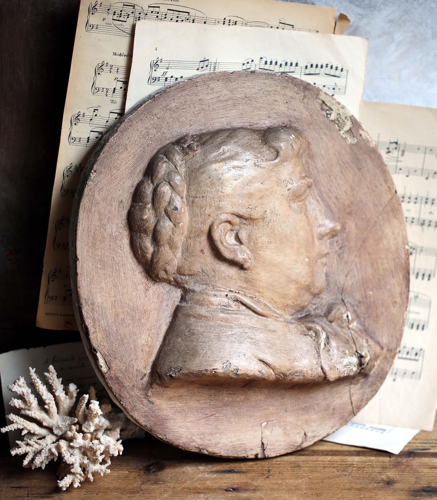 Antique Plaster Plaque Of A Lady Oval Medallion French Low Relief Female Face Cast photo vintage