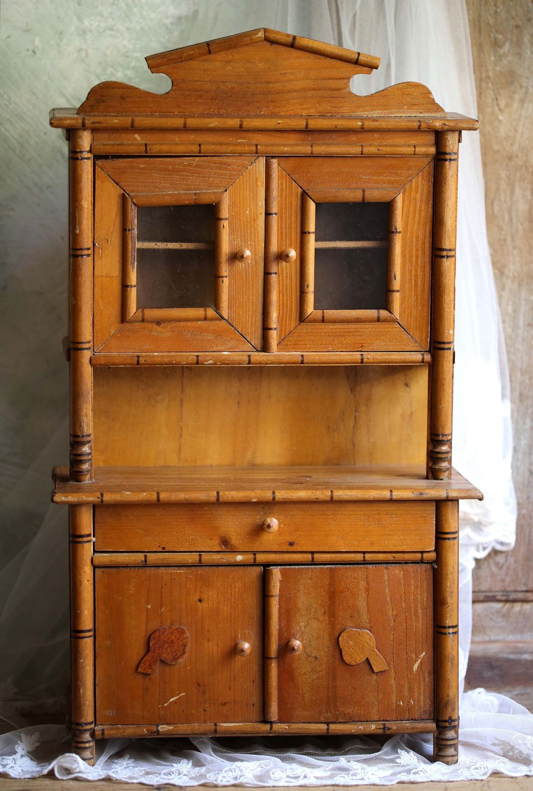 French Vintage Toy Dresser Child Faux Bamboo Hutch Small Wooden Miniature Furniture photo 141.0