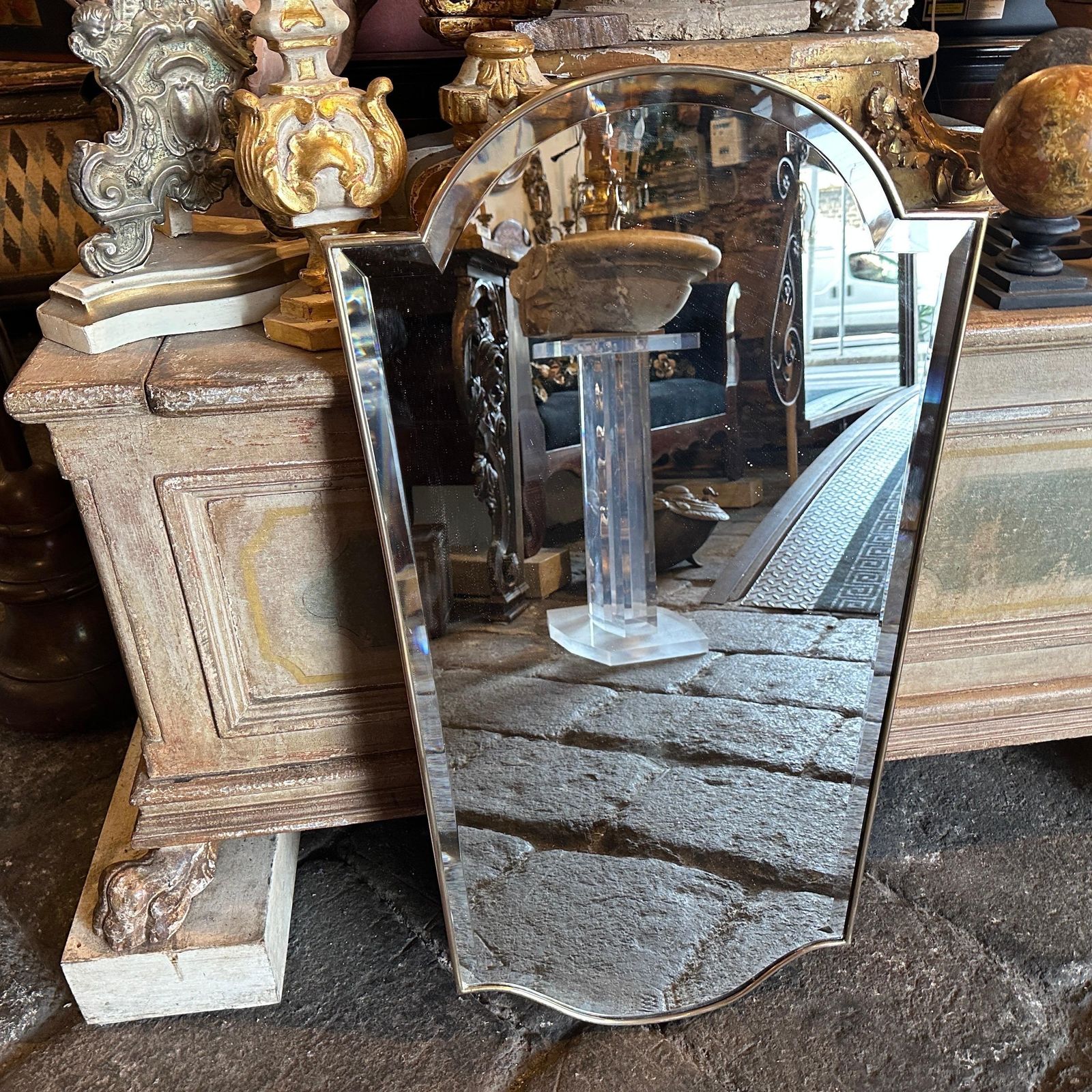 photo for sale 1950s Gio Ponti Style Mid Century Modern Brass Italian Wall Mirror