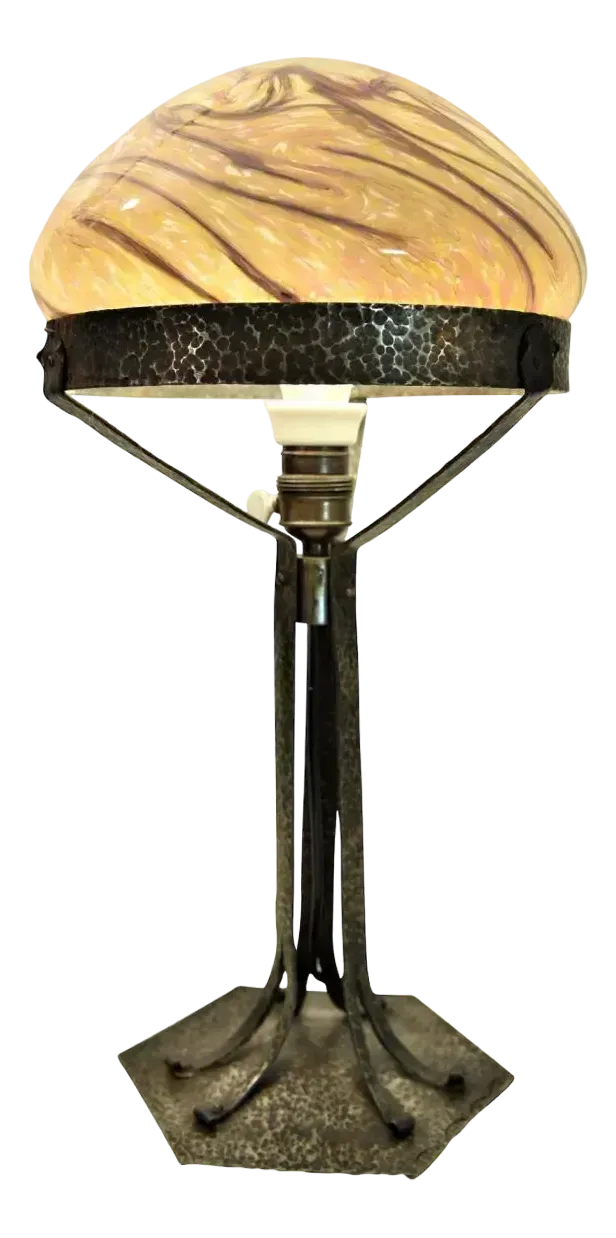 Large Art Nouveau Wrought Iron, Glass Table Lamp From Jugendstil, Sweden, 1925
