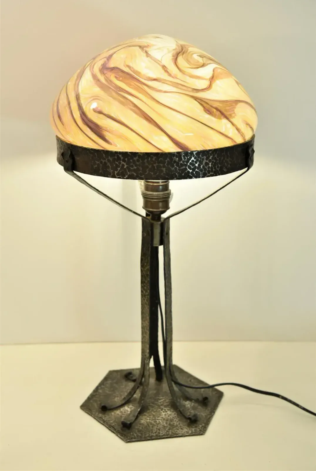 Large Art Nouveau Wrought Iron, Glass Table Lamp From Jugendstil, Sweden, 1925 photo for sale