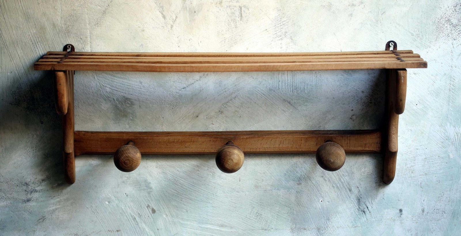 Antique French Coat Rack With 3 Pegs & Shelf Wooden Hat Hooks photo 223.0